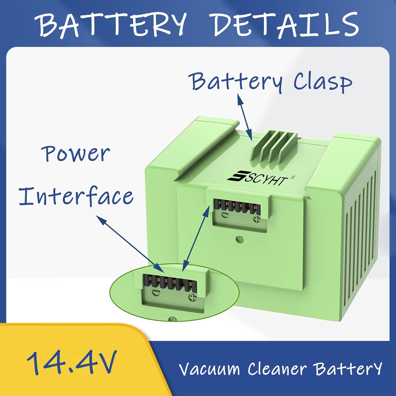 SSCYHT 14.4V Li-ion Battery showing power interface and battery clasp