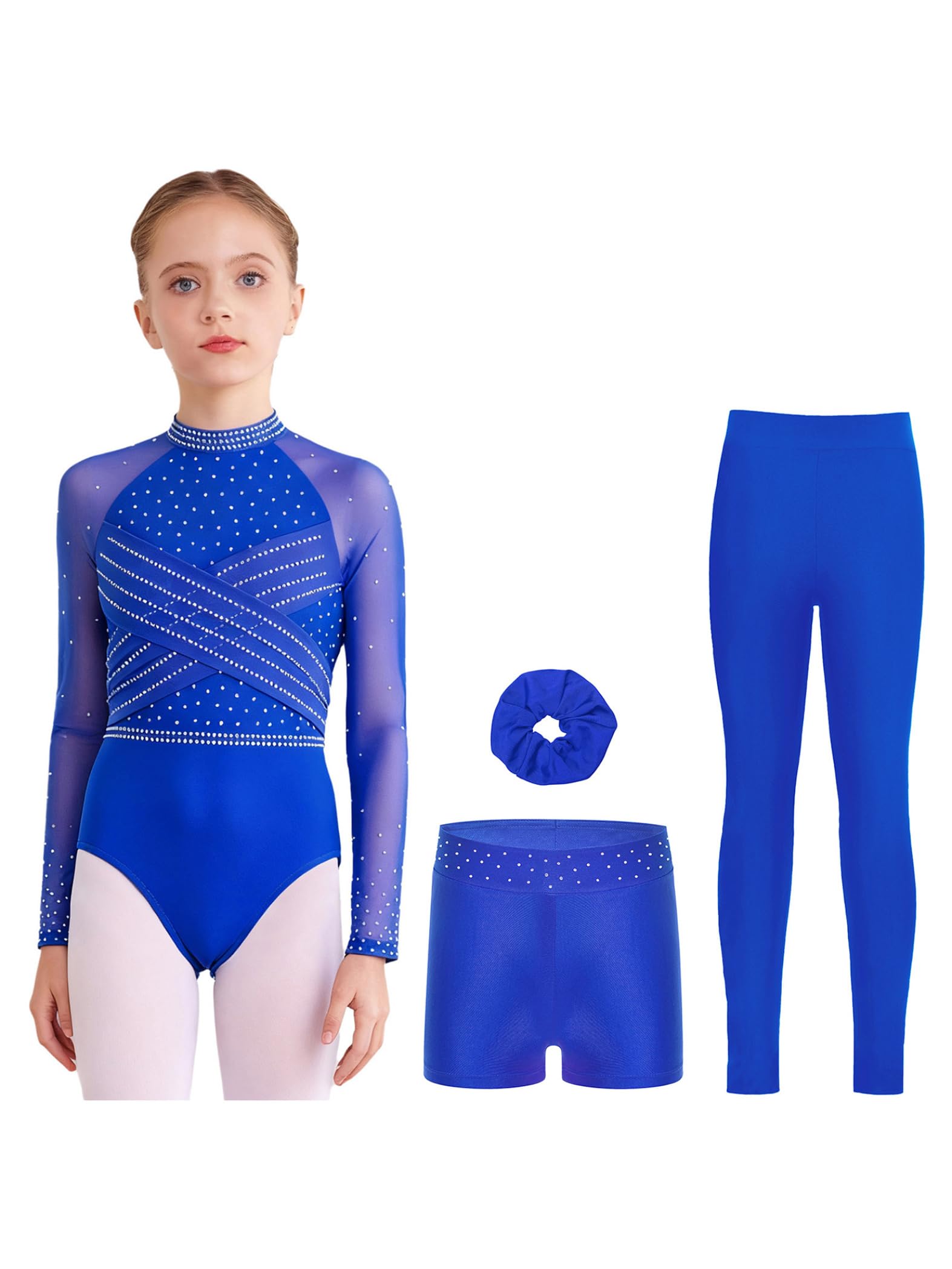 Traje Gimnasia Brillante Niña Talla Larga Mangas Con Calzón Corto Y Lazo El Cabello Traje Competición Baile
