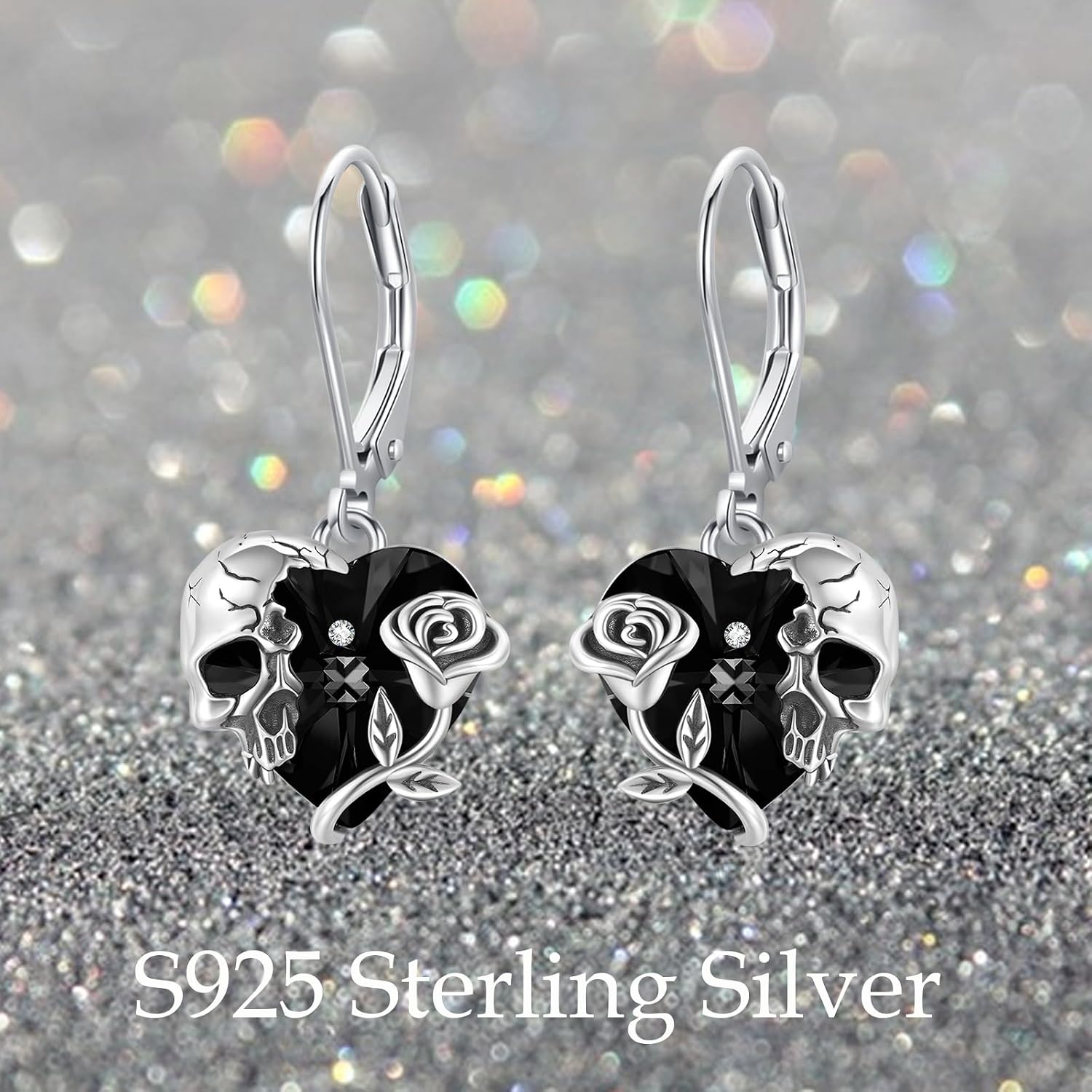 Rose Skull Earrings S925 Sterling Silver Heart Crystal Birthstone Dangle Drop Earrings Hypoallergenic Gothic Skull Leverback JJewelry Gift for Mom Daughter Wife