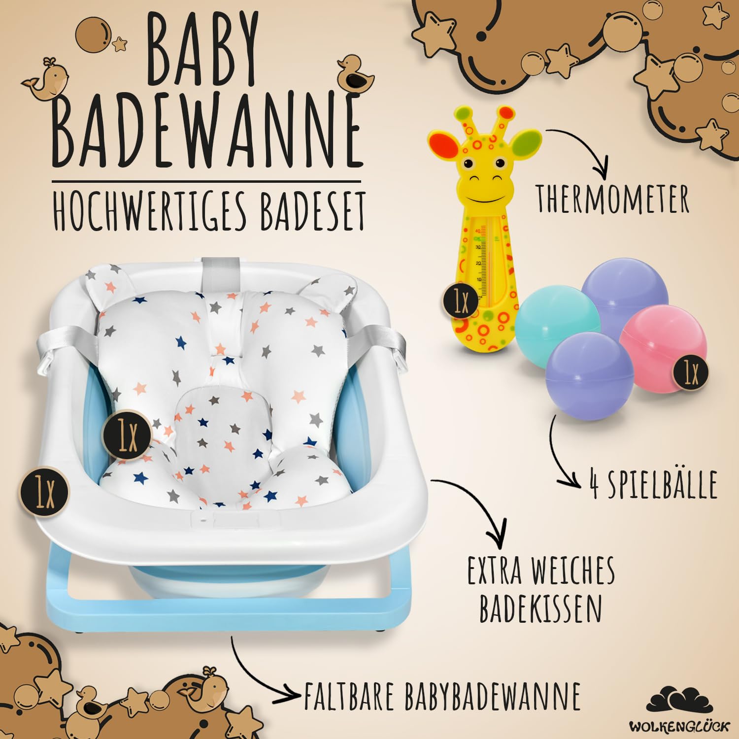 WOLKENGLÜCK® Faltbare Babybadewanne [50 Liter] - Platzsparende Baby Badewanne inkl. Thermometer, 4 Spielbällen & extra weichem Badekissen - Hochwertige Badewanne für Babys - BPA-frei