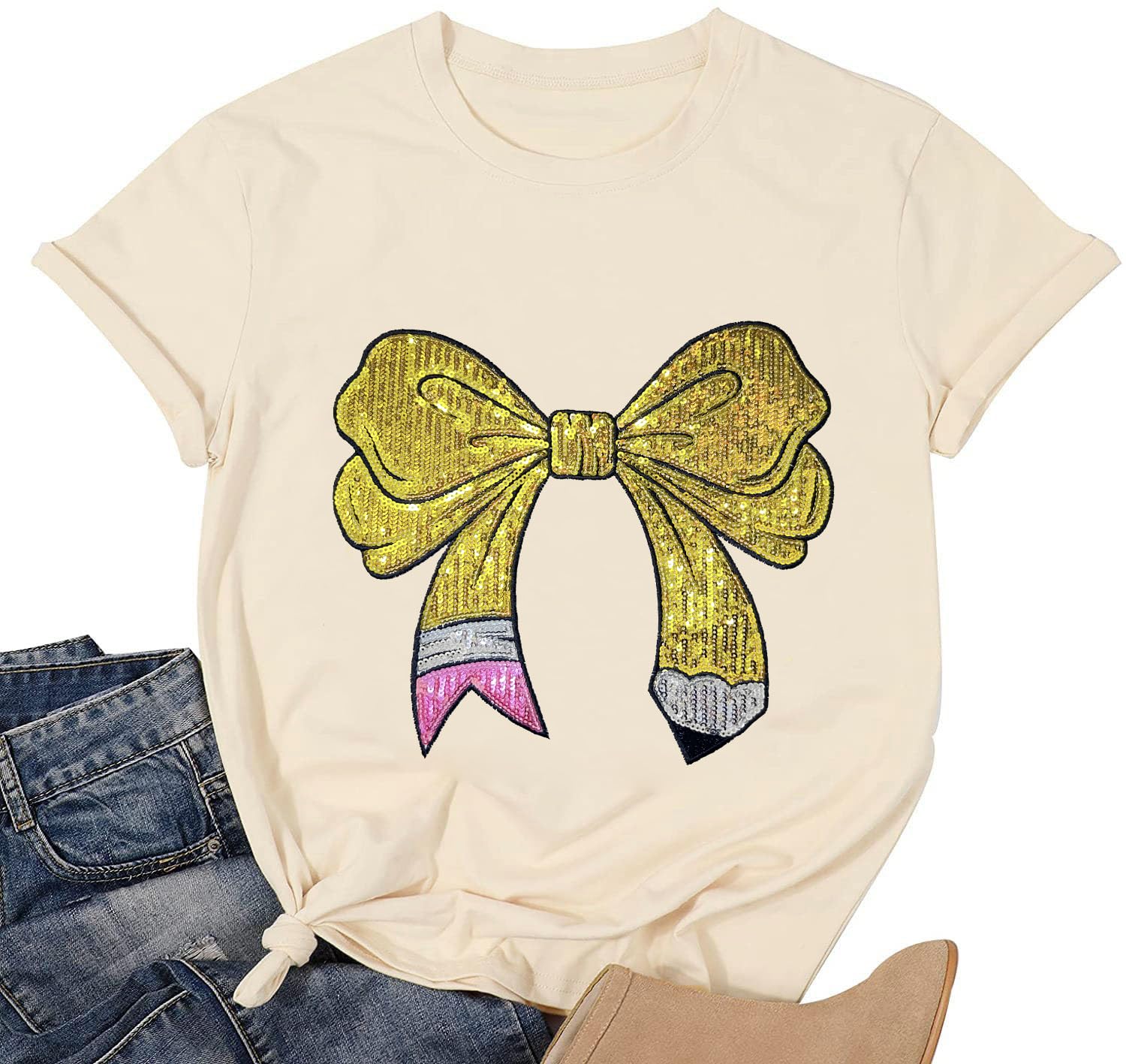 Teacher Shirt for Women Sequin Teacher Pencil Bow T-Shirt Short Sleeve Back to School Tee Tops