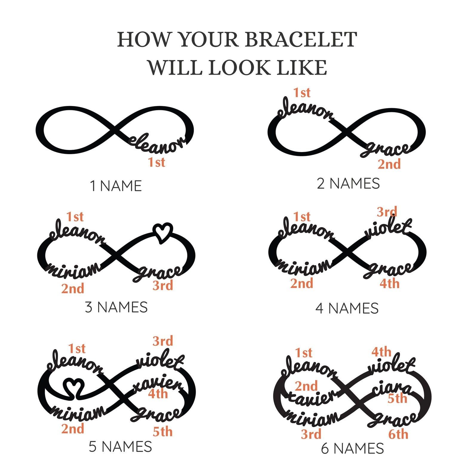 Argento sterling infinito bracciale, bambini nome bracciali, eternità madre figlia gioiello suocera Festa della Mamma Natale compleanno anniversario
