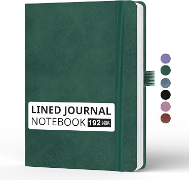 Lined Journal Notebook, A5, 192 Pages 100 GSM Thick Paper, Hardcover Leather College Ruled Journal for Writing, Men Women, Journaling, Daily, Work, Office, Home School BusinessDark Green