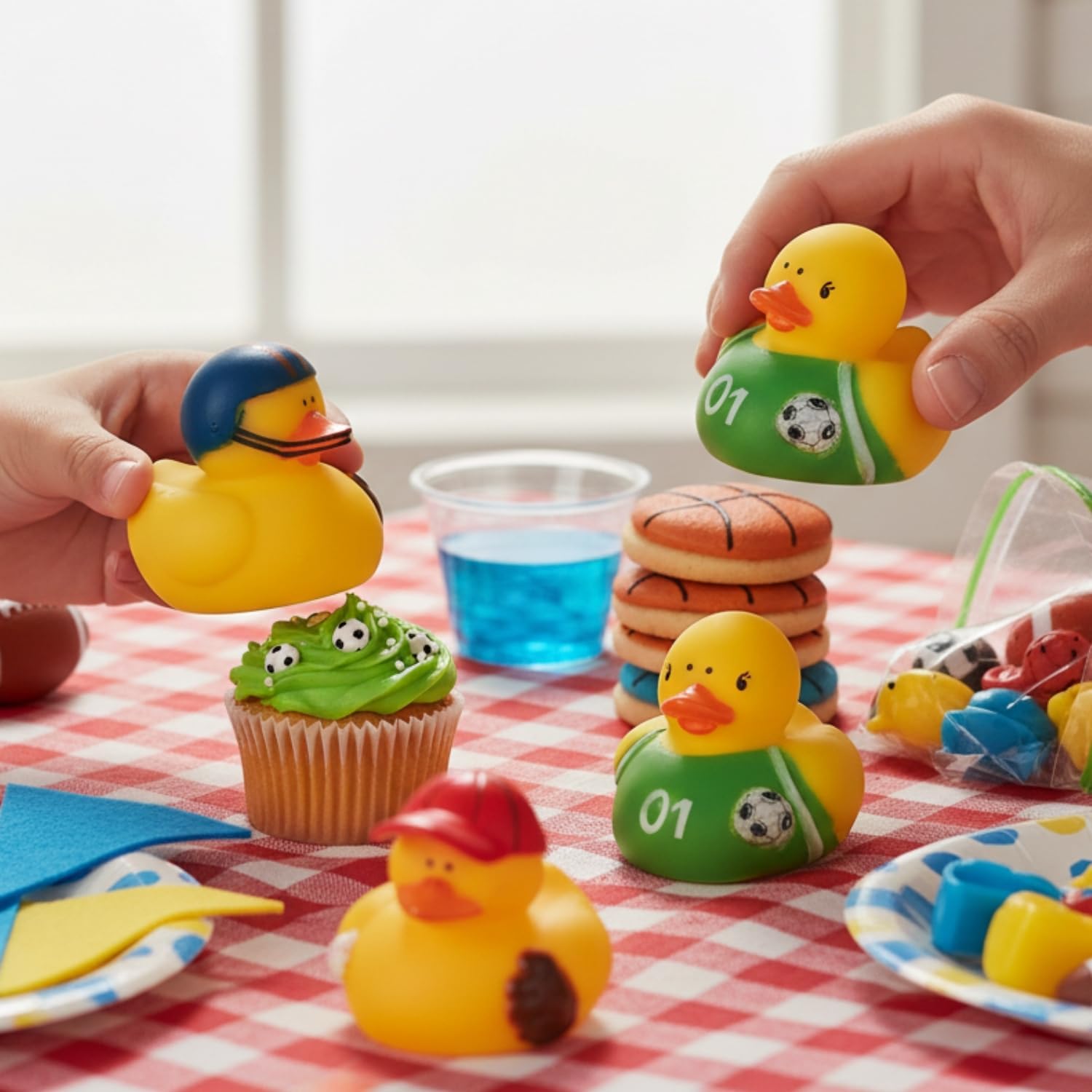 Fun Express 12-Count Yellow Vinyl Sports Rubber Ducks, Assorted Designs, 2-Inch Mini Ducks for Party Favors, Bath Toys, Decorations, and Sports-Themed Gifts