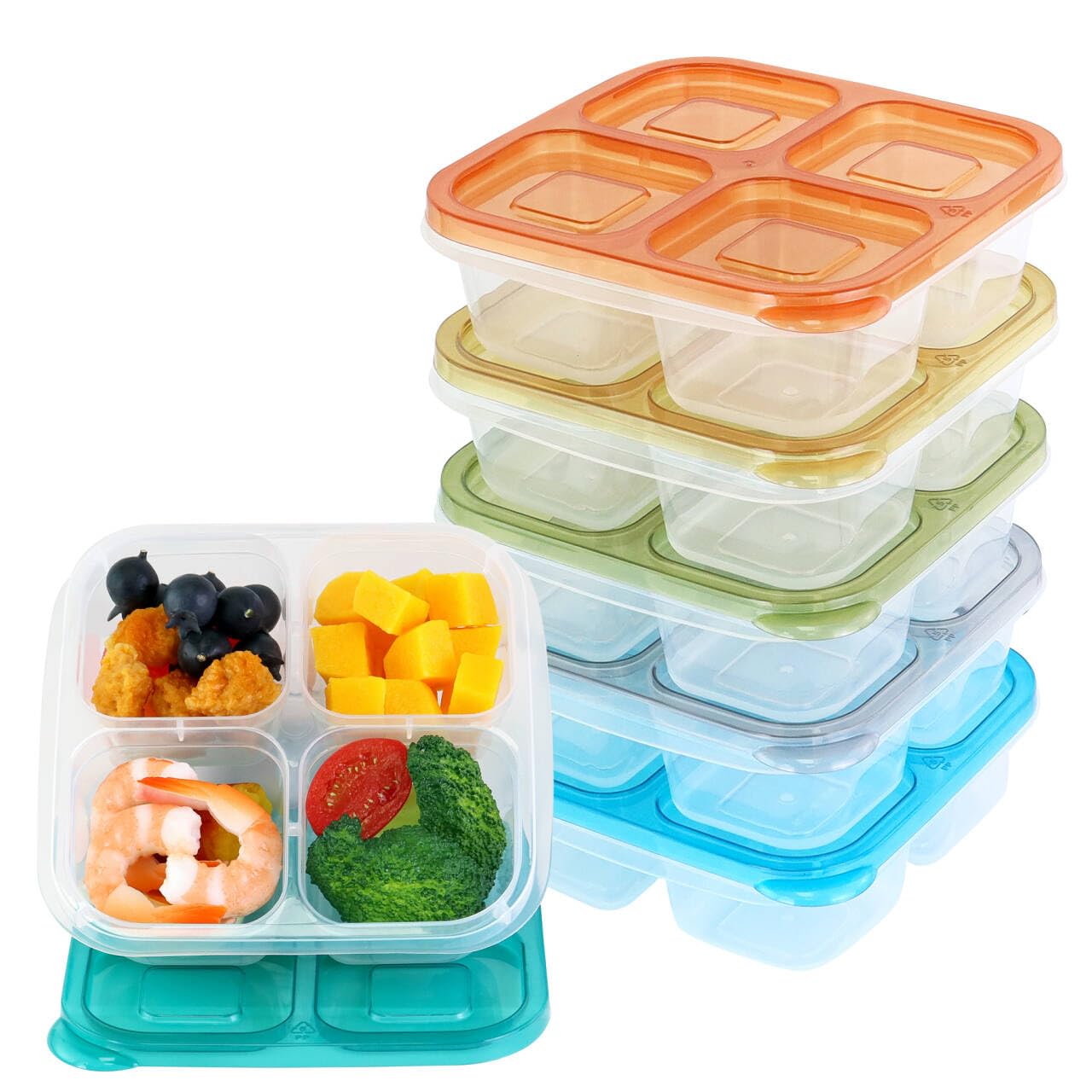 Finorder 6 Pack 4-Compartment Food Containers, Reusable Snack Containers for Kids Adults School Work Picnic Trip, Lunch Bento Box Meal Prep Containers