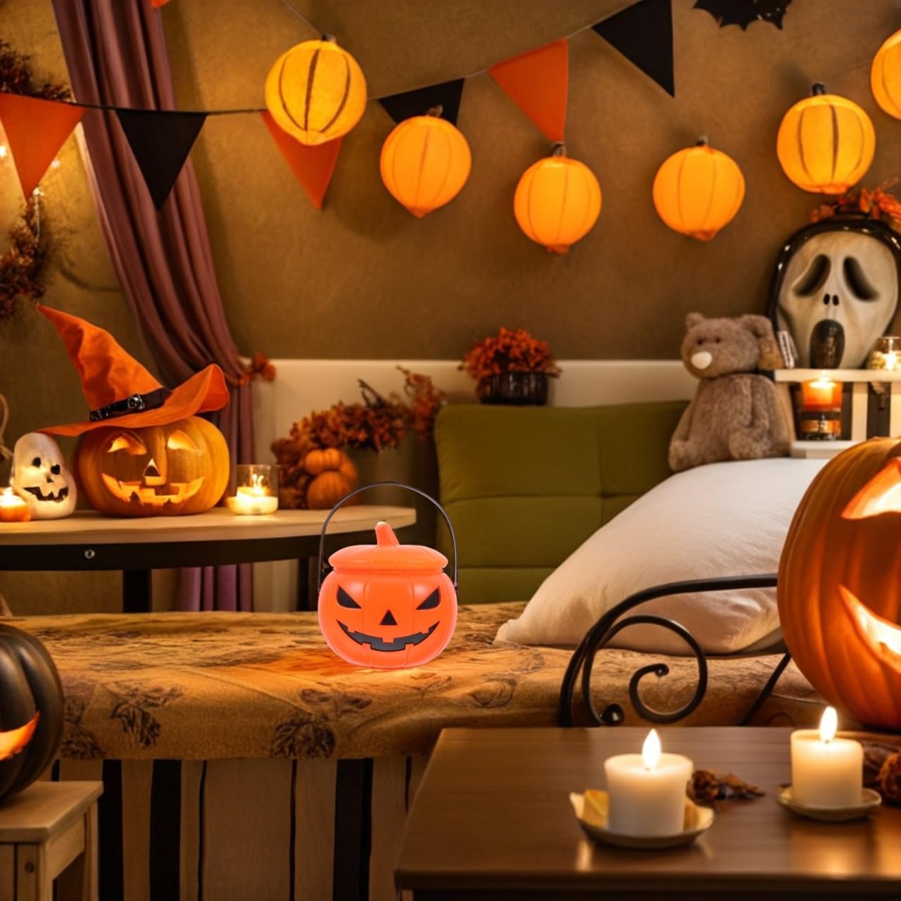 Unomor Light up Pumpkin Candy Bucket with Sound Plastic