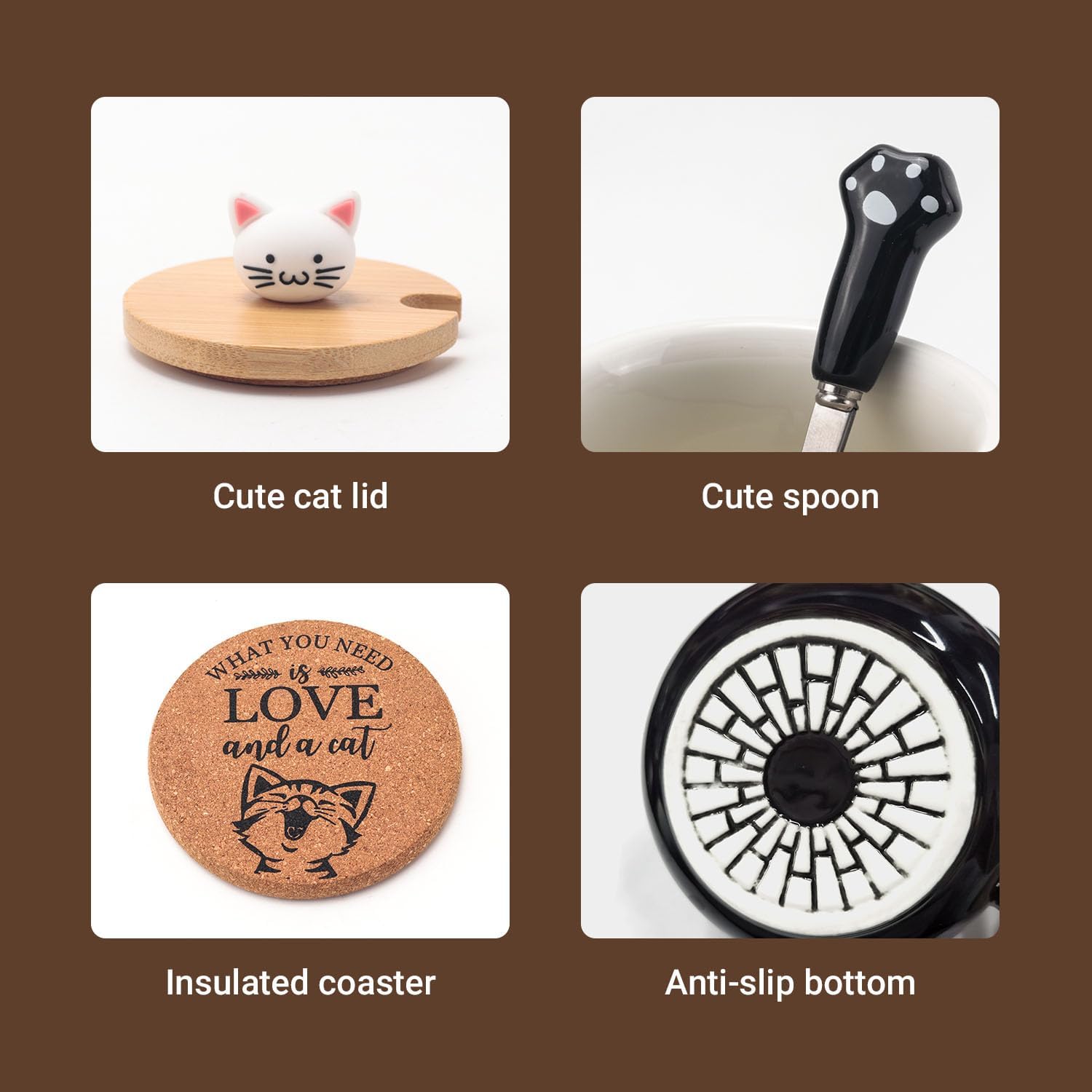Bgbg Cute Cat Mug, Novelty Ceramic Coffee Tea Milk Cup with Lovely Kitty Lid, Kawaii Claw Spoon, Anime Coaster, Novelty Things Birthday Christmas Gift for Cat Lovers Women Her, 14 oz, Black - Image 6