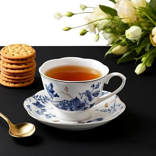 Miniatura 7 de Juego de 2 tazas de té de cerámica (7 onzas) con platillos florales