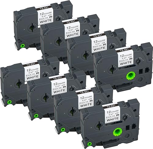 Aomya Paquete de 8 cintas TZe-231 P-Touch para etiquetas de 12 x 26.2 pies (0.472in x 26.2ft), negro sobre blanco, compatible con BRO PT-1010,
