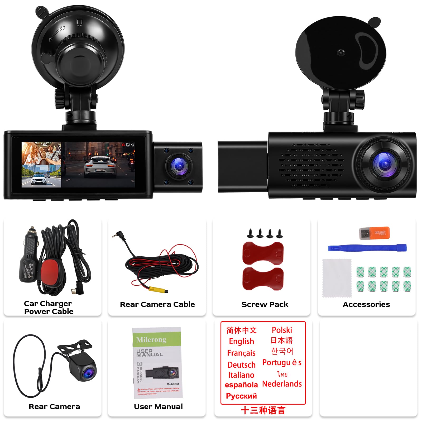CAMECHO 3 Canaux Dashcam 2.5K Caméra embarquée Avant et arrière avec Vision Nocturne, GPS Ecran Dashcam 3.16 Pouces Enregistrement en Boucle, WiFi(APP), Mode Parking, Détection de Mouvement, Capteur G