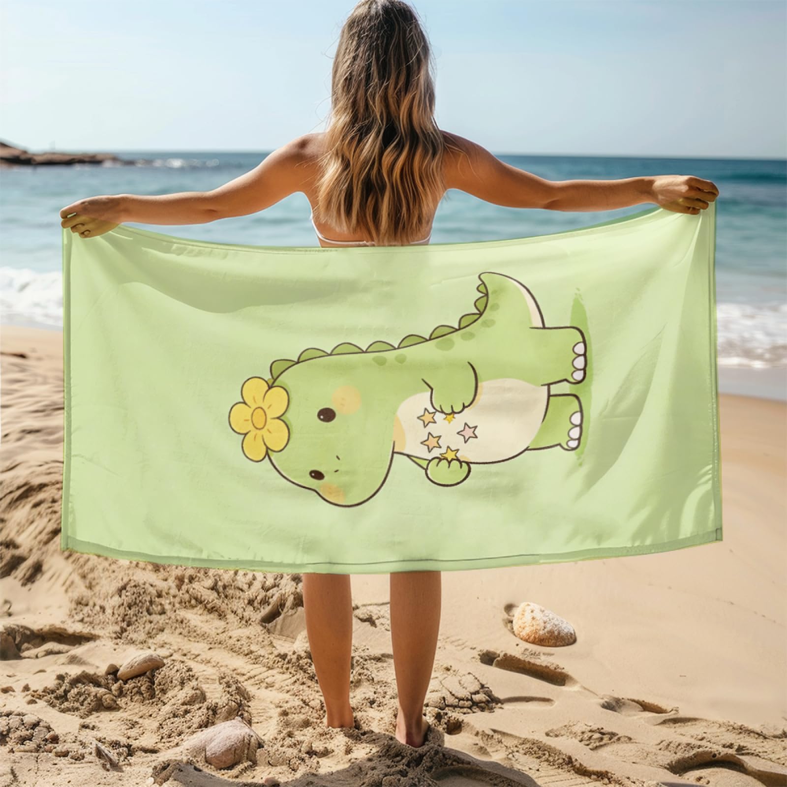 Fouta PlageÉtoile du Dinosaure Vert Modèle Surdimensionné avec Diverses Tailles, Respirante et Portable, Parfaite pour Voyages Sorties Piscine et Usage Extérieur Quotidien 90x160 cm