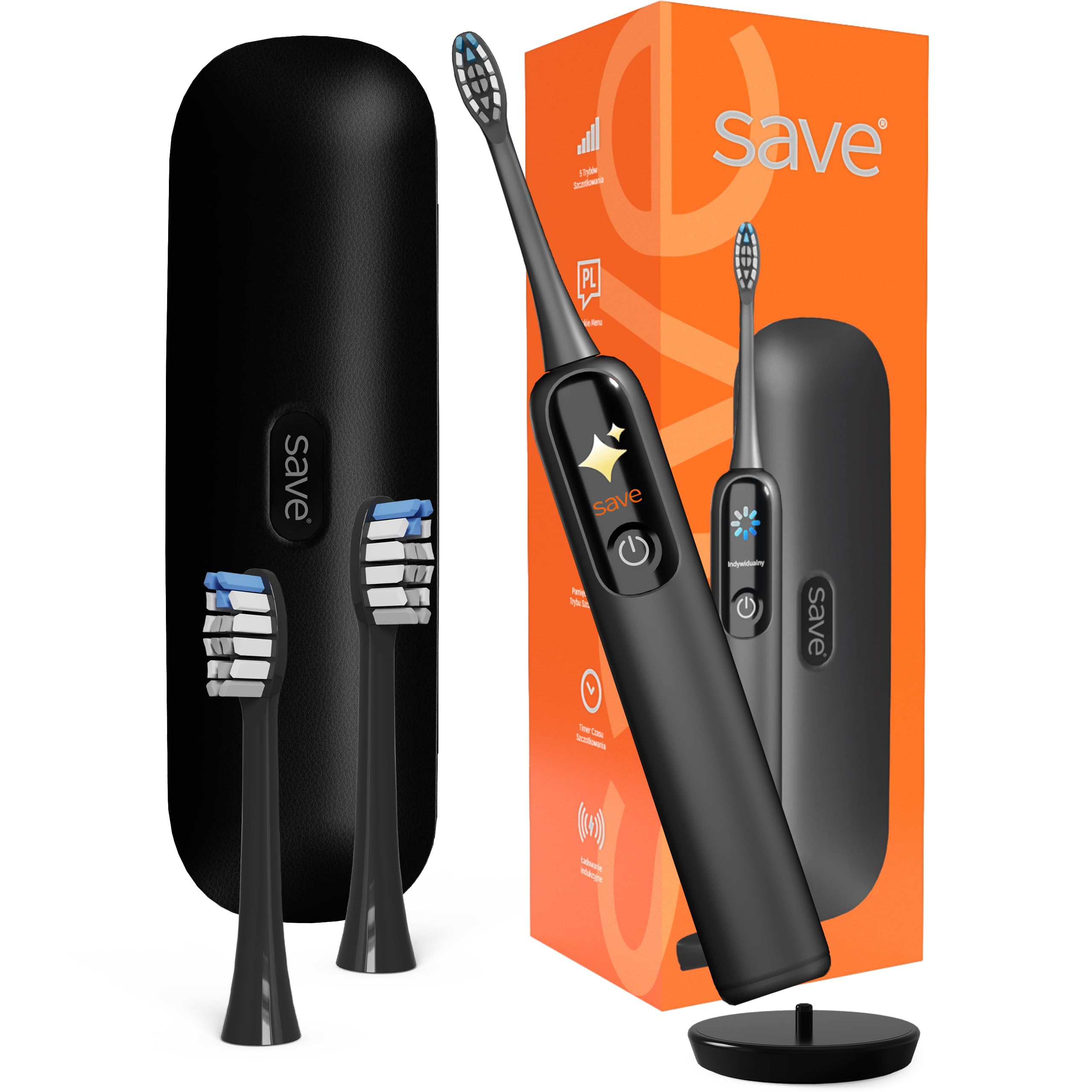 Spazzolino elettrico sonico, 120 00 giri al minuto, set di custodie per base di ricarica, 2 cappucci, nero, 4 modalità di spazzolatura, timer intelligente