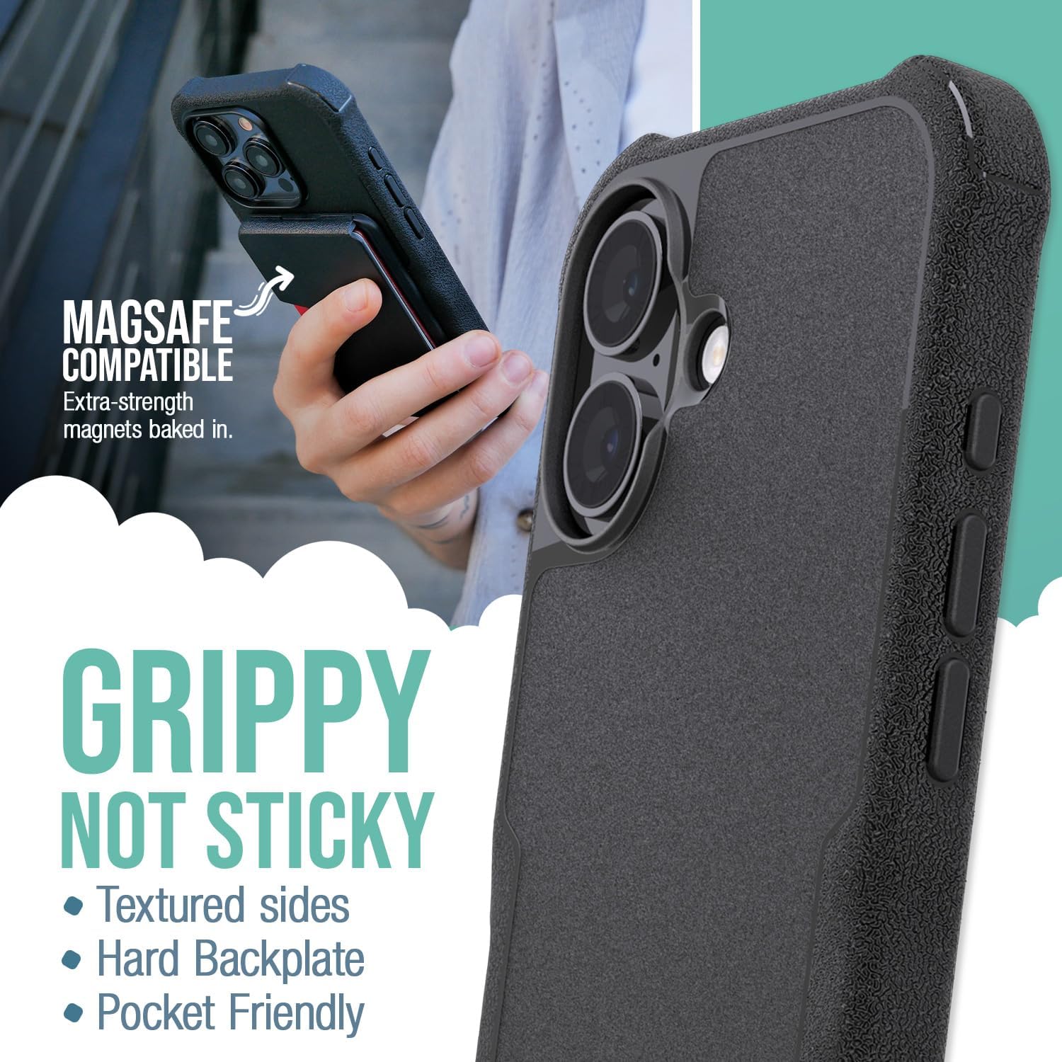 Smartish® iPhone 16 Protective Magnetic Case - Gripzilla Compatible with MagSafe [Rugged + Tough] Heavy Duty Grip Armored Slim Cover w/Drop Tested Protection for Apple iPhone 16 - Black Tie Affair - Image 2