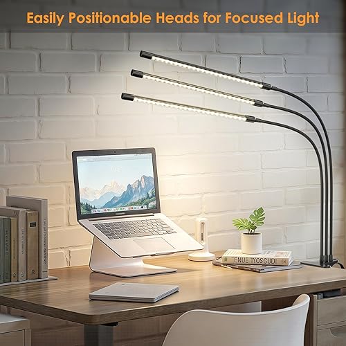 Miniatura 8 de ShineTech Lámpara de escritorio LED de 3 cabezales con abrazadera, luz de clip para el cuidado de los ojos para oficina en casa, 4 modos de color y