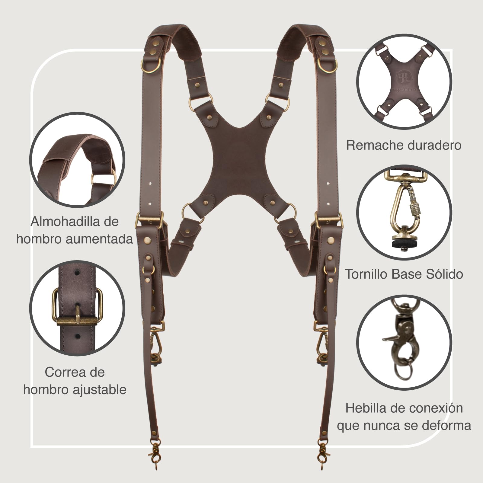 Correa Doble Para CáMara,ArnéS De Cuero Para FotóGrafos,Marrón | Arnés doble de cuero de grano completo para dos cámaras, bandolera doble ajustable con patrón en X para DSLR/SLR