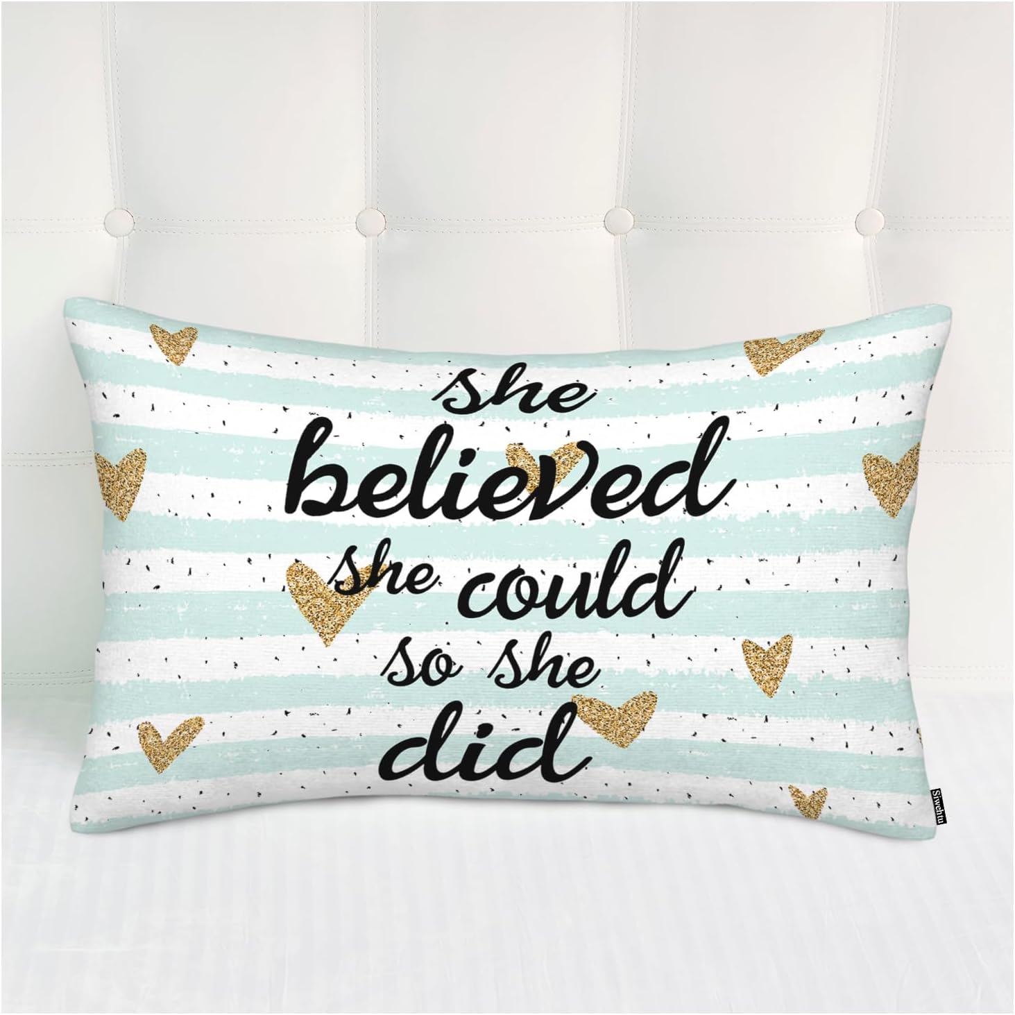 Inspirational Quote Pillow Protector, Decor Throw Pillows for Bedroom She Believed She Could Stripe Heart Gold Pillowcases Cushion Cover for Sofa Couch Home Kitchen 20x30 Inches
