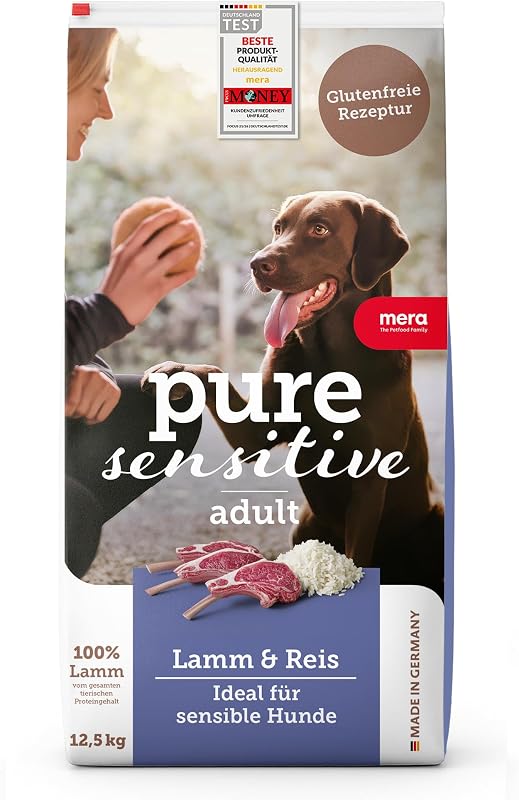 Hrană uscată pentru câini MERA Pure Sensitive cu miel și orez pentru câini cu digestie sensibilă – fără gluten, 12,5 kg