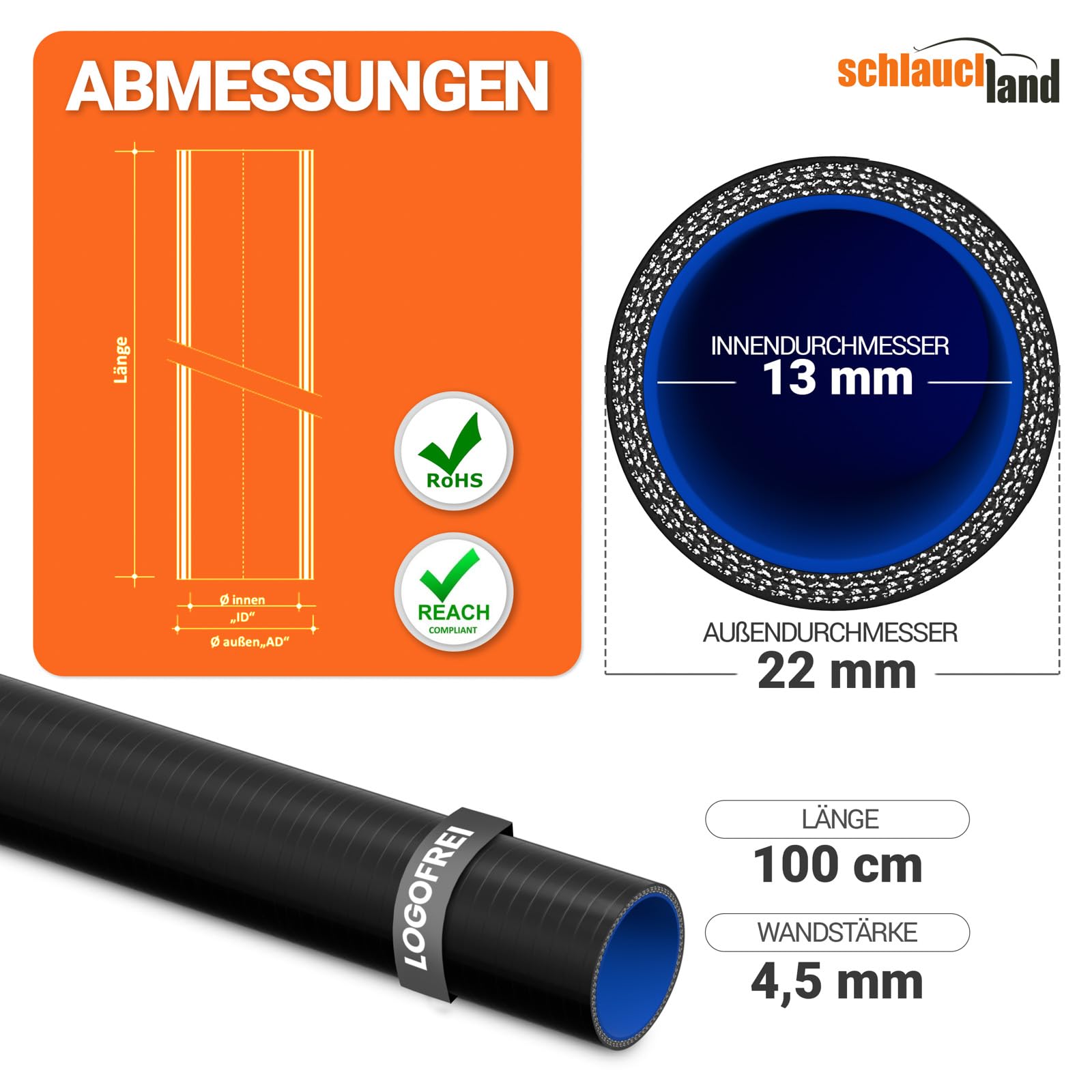 2 Stück | 1m Silikonschlauch ID-Ø 13mm schwarz 200°C | VIELE GRÖSSEN & FARBEN | Ladeluft-Kühler LLK Kühlmittel Kühlwasser Turbo-Lader Silikon Schlauch Druck-Schlauch Gummi KFZ flexibel | PREMIUM