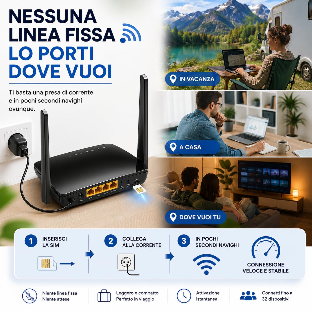 Modem WiFi 4G con SIM Inclusa – Internet Casa Plug & Play Senza Linea Fissa – Router Wireless per Smart Working, Streaming, Videosorveglianza, Camper e Negozio – Ricaricabile Senza Vincoli