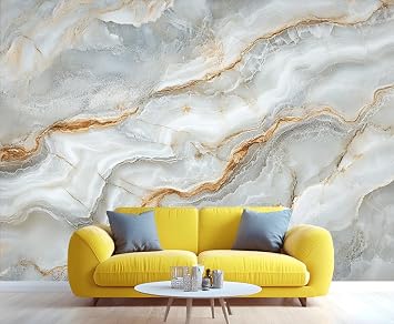 Marble Wall Mural, Gray-White Gradient Mural, Gray-Gold Wallpaper, Flowing Ripples Wall Murals for Living Room Bedroom TV Background Dining Room (Non-self-Adhesive)
