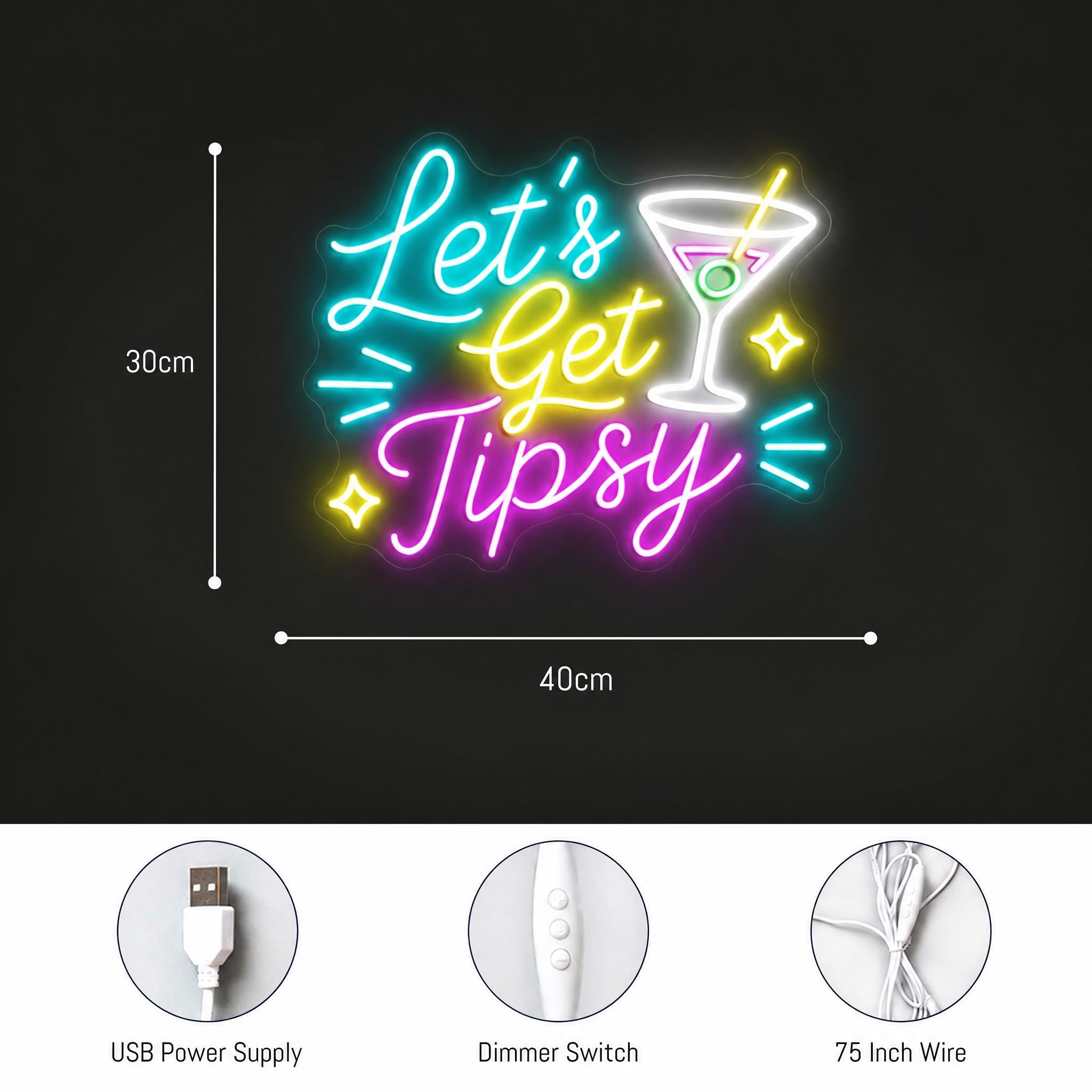 Let's Get Tipsy neonowy znak kolorowy koktajl LED neonowe światło | Dekoracja ścienna zasilana przez USB do domowego baru, pubu, męskiej jaskini, imprezy
