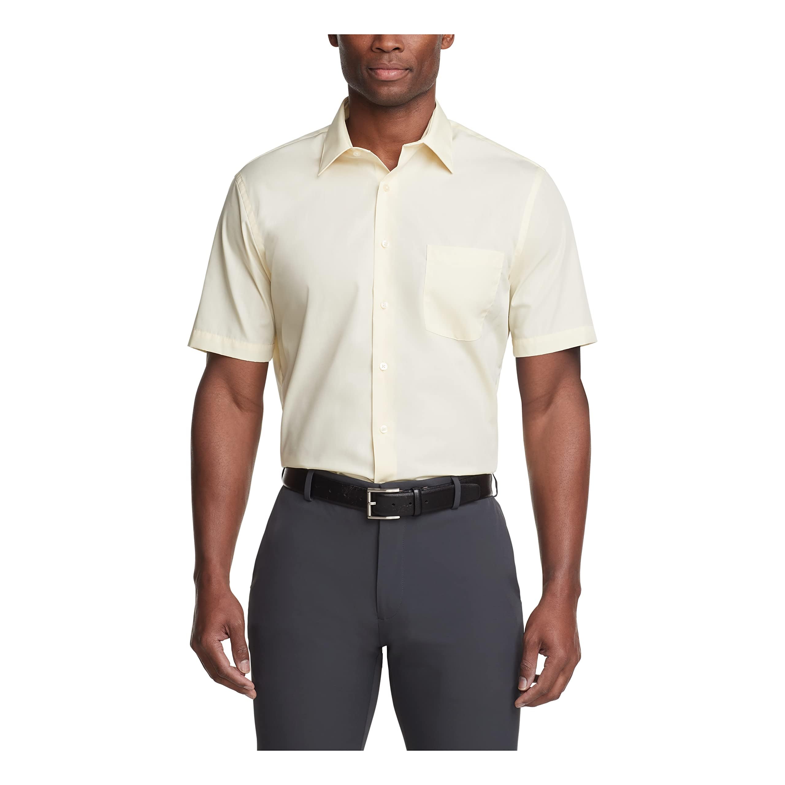 Van Heusen Men's Short Sleeve Dress Shirt Regular Fit Poplin Solid, Lemon Glaze, 17.5" Neck