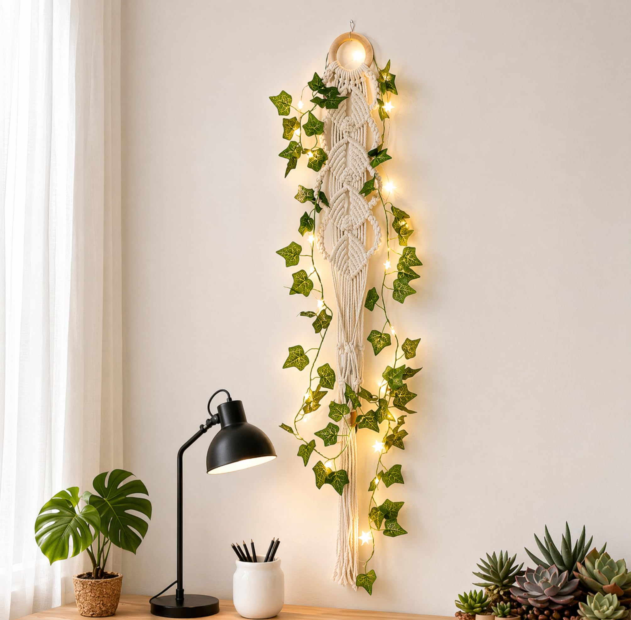Plantes murales en macramé lumineuses avec eucalyptus sans entretien