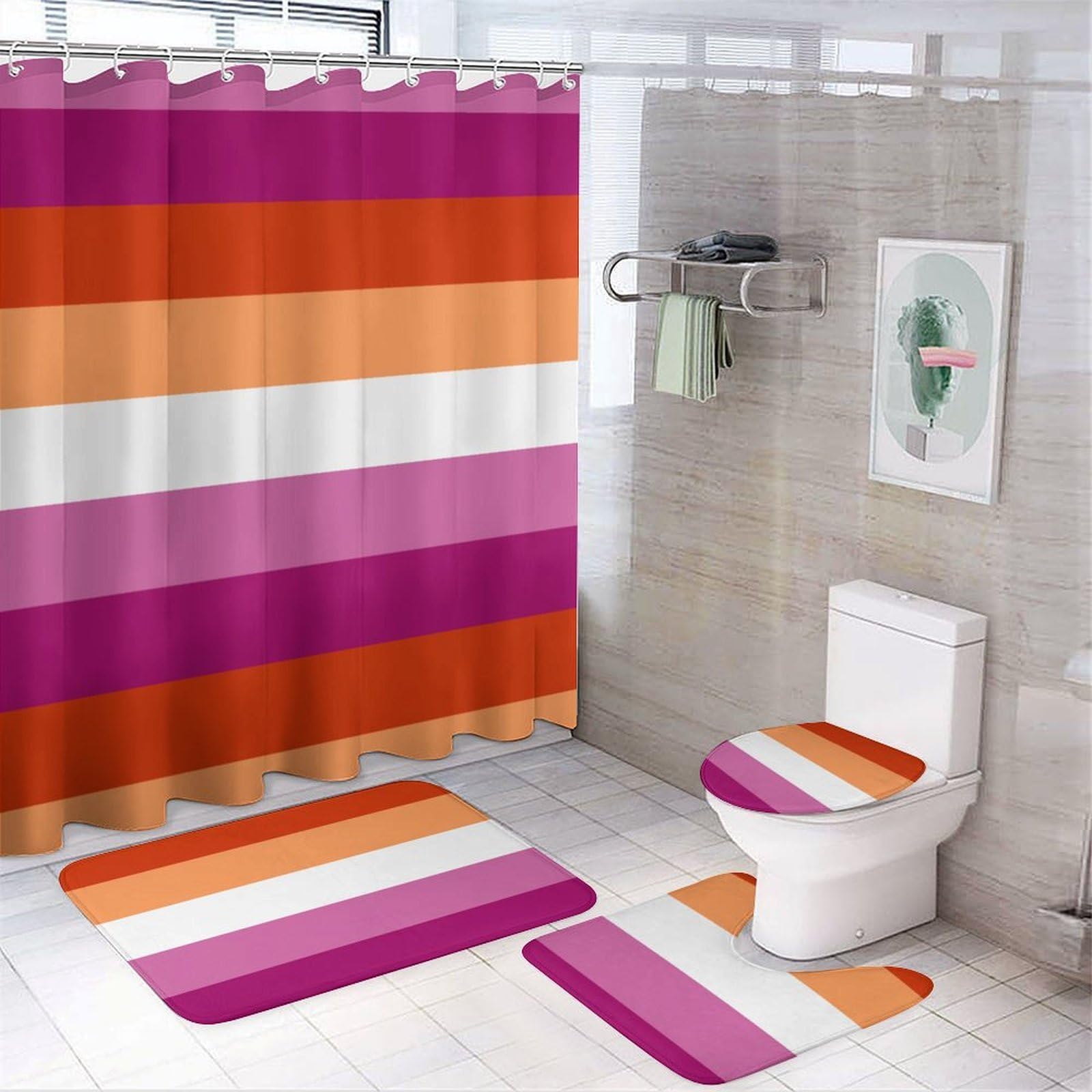 JZemdybill Bathroom Mat Set 4 Piece, Lesbian Pride Flag Shower Curtain with Non-Slip Bath Mats for Bathroom