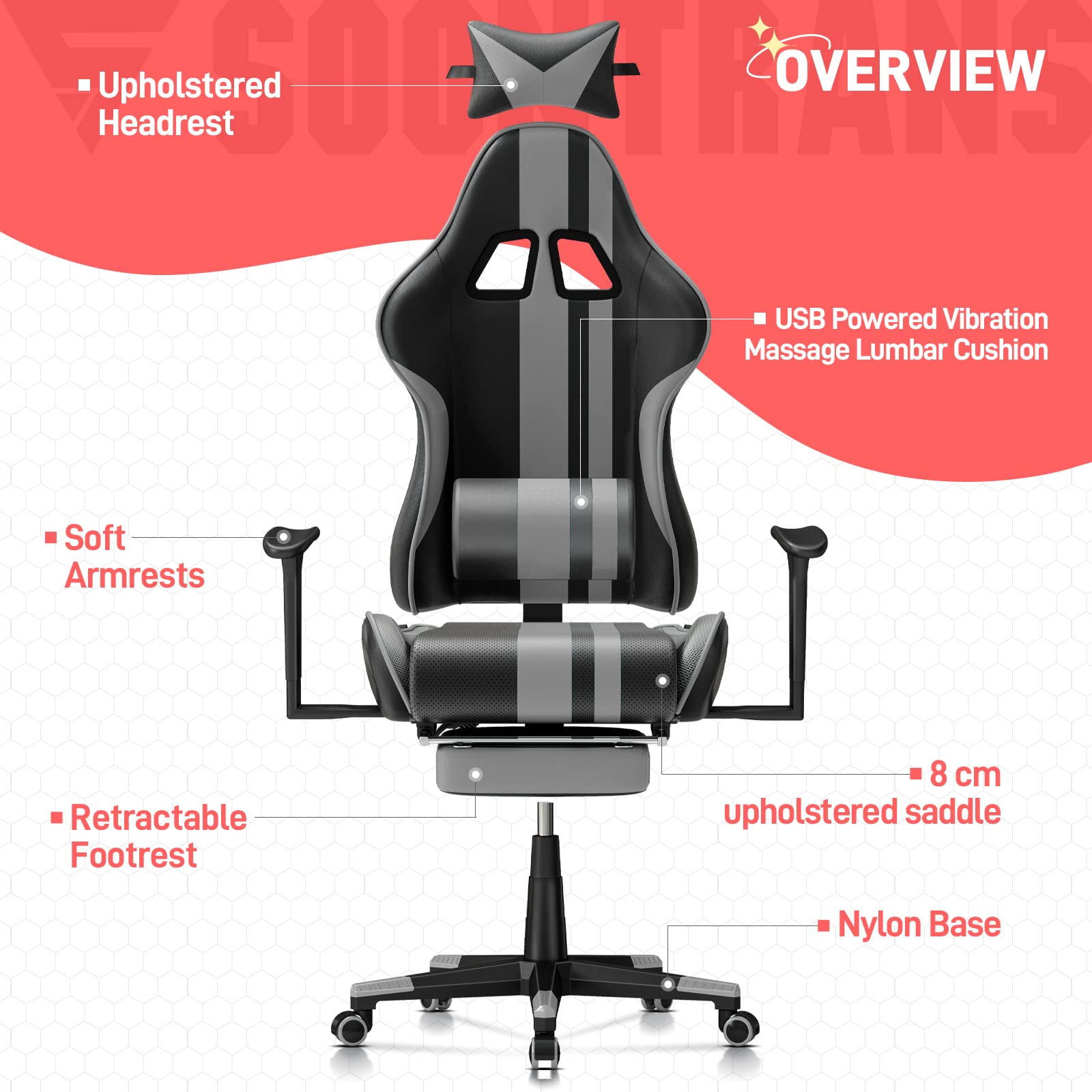 Soontrans Sedia da Gaming Massaggiante, Ergonomico Sedia Gaming con Supporto Lumbare Massaggio Vibratorio & Poggiapiedi & Poggiatesta, Poltrona da Gaming per Youtube Livestreaming Xbox (Grigio)