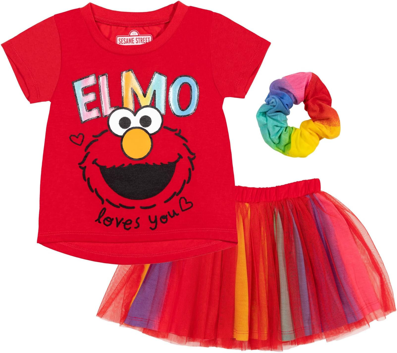 Sesame Street Elmo Girls Graphic T-Shirt Mesh Skirt and Scrunchie Set Infant to Little Kid