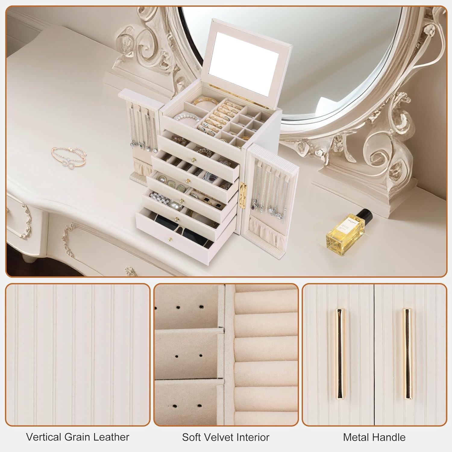 Dajasan Large Jewelry Organizer Box, Jewelry Boxes for Women Girls, 6-Tier Jewelry Storage Organizer with Mirror for Necklace Ring Bracelet Watch, Gift Idea (Beige) - Image 5