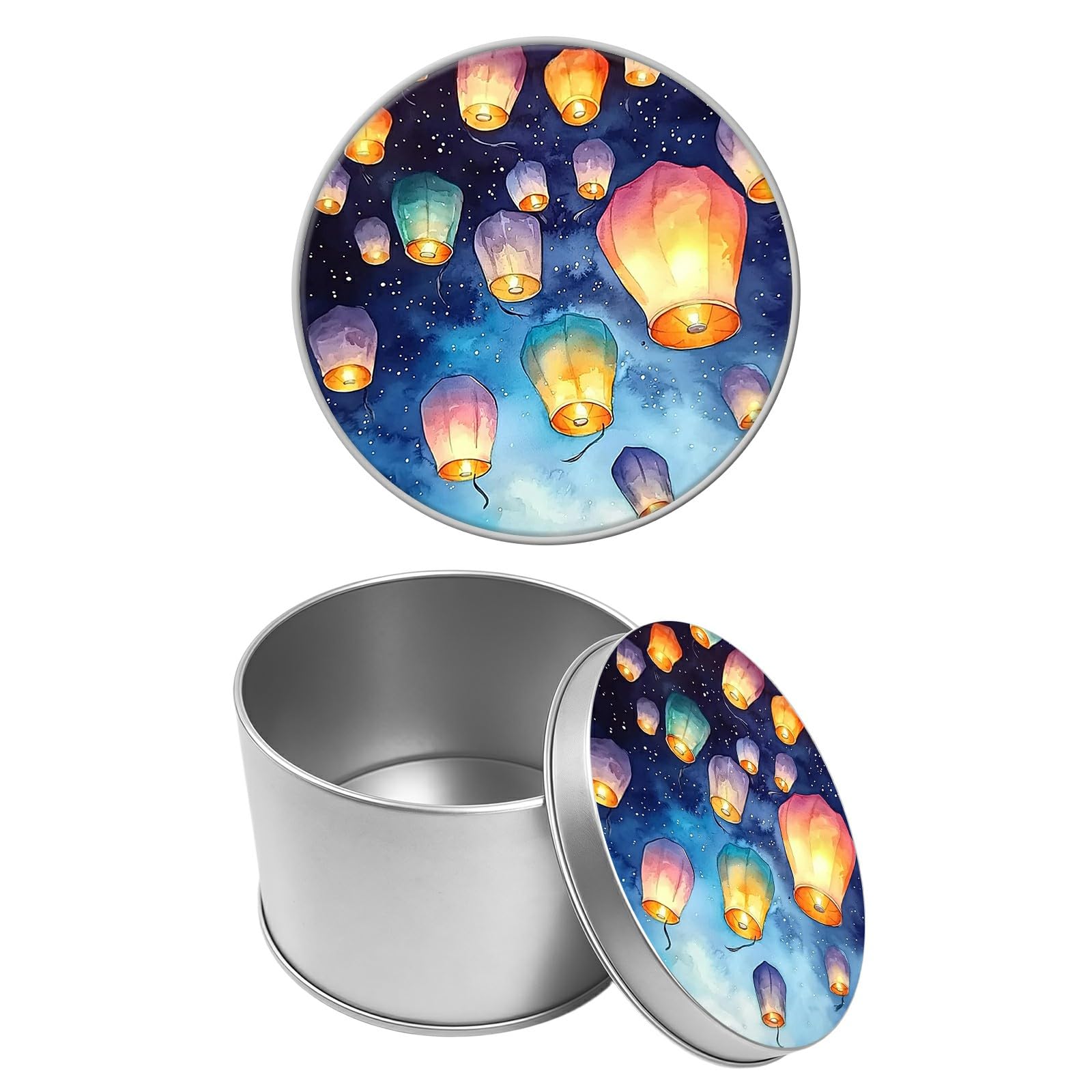 Round Metal Tin Container with Removable Lid, Colored Sky Lanterns Durable Metal Storage Box for Cookies Spices Tea Candies Cakes Jewelry Cosmetics 3.54 x 2.36 inch– Single Pack