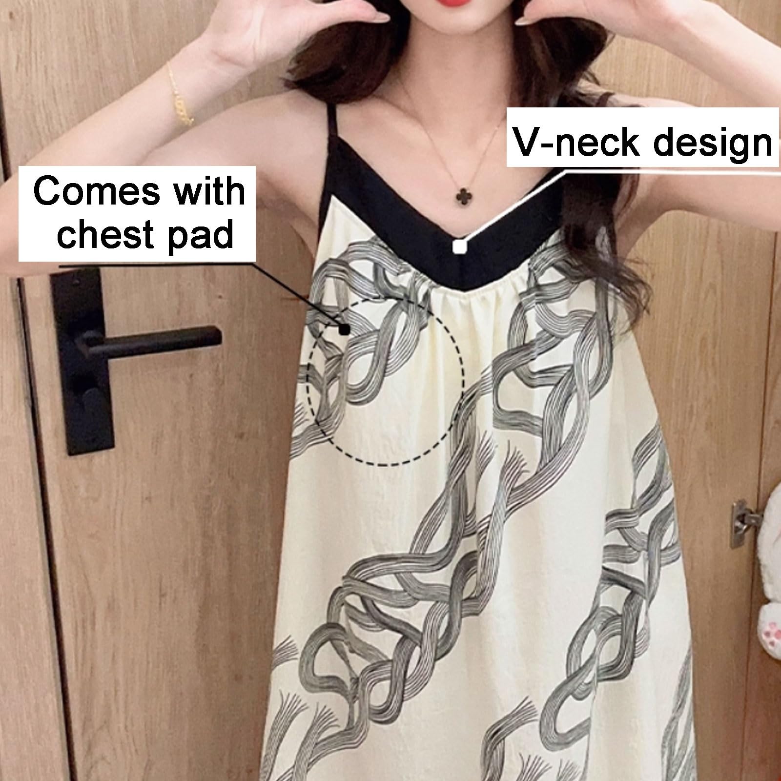 Chemise de Nuit Sexy mi-Longue en Fibres synthétiques avec Bretelles et Coussinets de Poitrine, idéale for la Maison ou l'extérieur