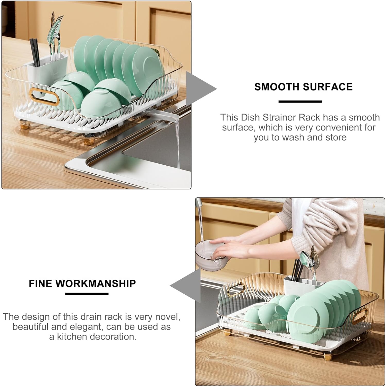 Kitchen Dish Drying Rack Plastic Tableware Drainer with Cutlery Holder for Sink Use, Dish Rack and Vegetable Fruit Basket Organizer