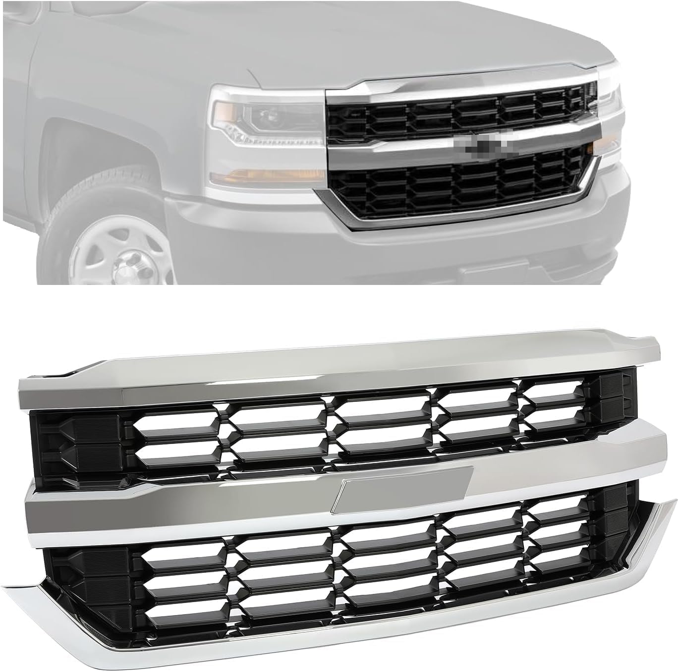 HECASA Upper Grille Compatible with 2016-2019 Chevy Chevrolet Silverado 1500 Replacement for GM1200753 84602489 84374378 Front Bumper Grill Silvery+Black