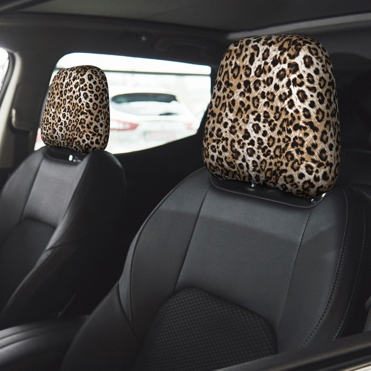 2 PCS Car Headrest Cover Leopard,Universal Soft Elastic Easy to Install Dirt-Resistant Set Head Rest Protectors for Most Car Models