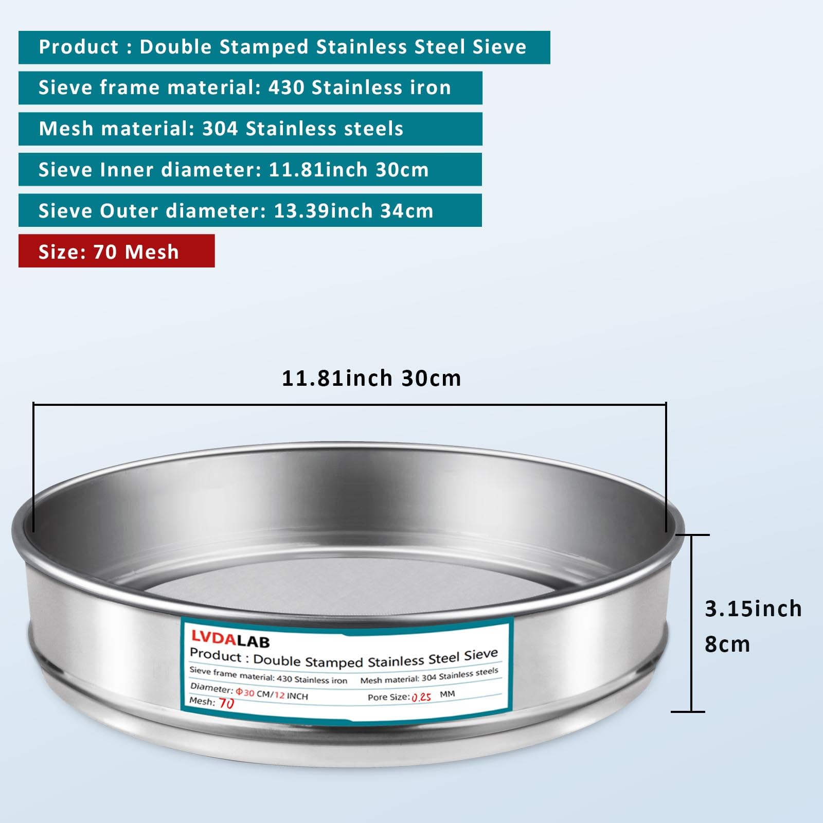 LVDALAB 304 Stainless Steel Lab Sieve Screen Mesh, 70 Mesh(0.25mm) Aperture Test Sieve, 12Inch(30cm) Diameter Economy Standard Analysis Sample Test Sieves for Industrial Laboratory Homes