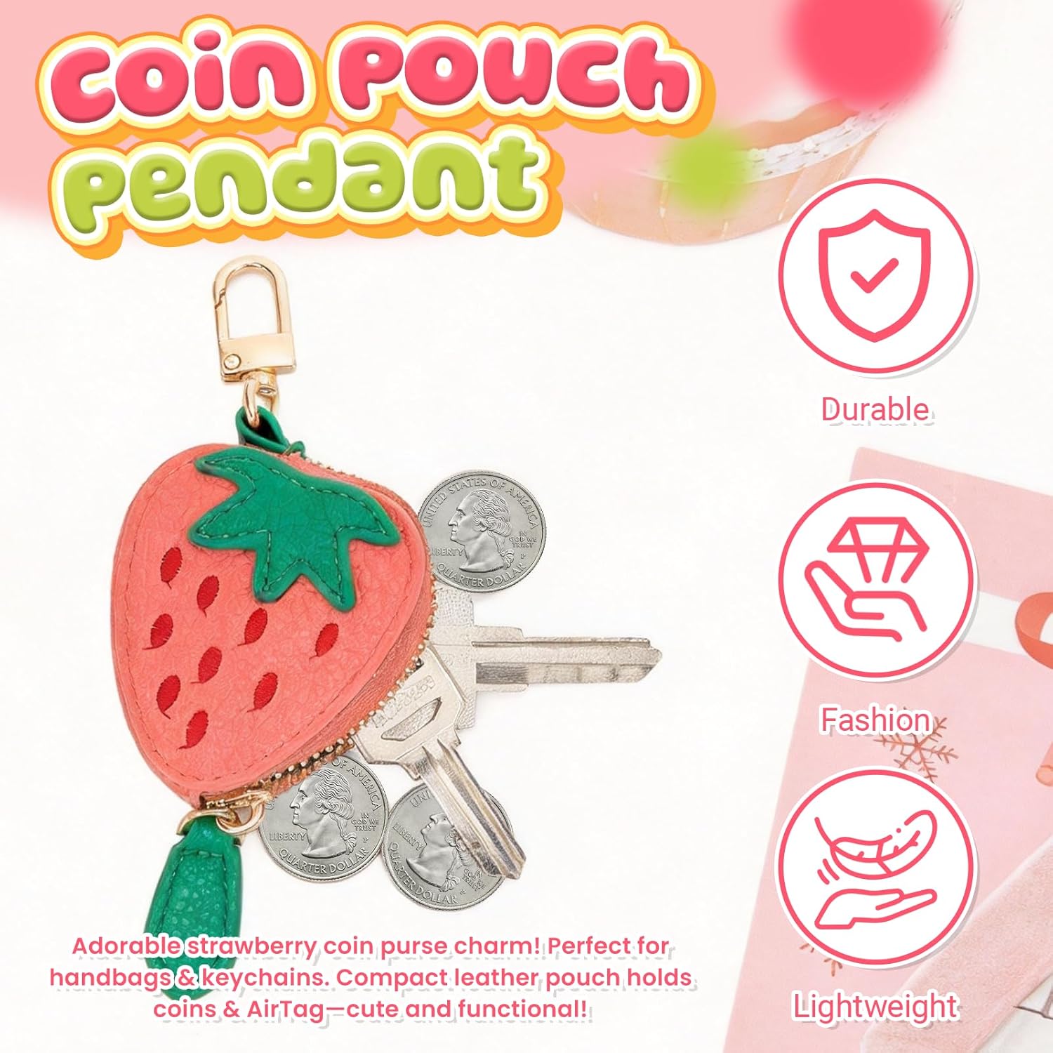 Cute Fruit Coin Purse Keychain, Mini Leather Bag Charms & Pouch Holder for Keys, Handbag, Backpack, Tote Kawaii Strawberry Lemon Charms Accessories Gift for Girls Women (WXC251204) - Image 5