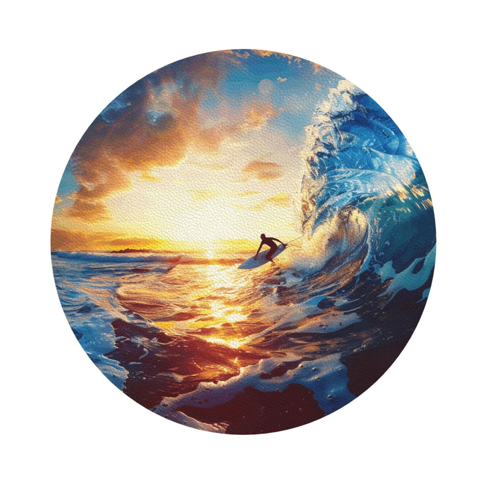 Sunset Sea Surfing Seascape Print Leather Coaster Set of 6, Round Shape Coasters Table Decorative Coffee Cup Beverage Coasters Wine Beer Bar Coasters for Hot Drinks Table Protection