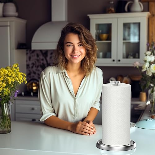 Miniatura 7 de Soporte para toallas de papel de encimera, desgarro con una mano, acero inoxidable, base con peso, plateado, soporte para rollo de toallas de papel