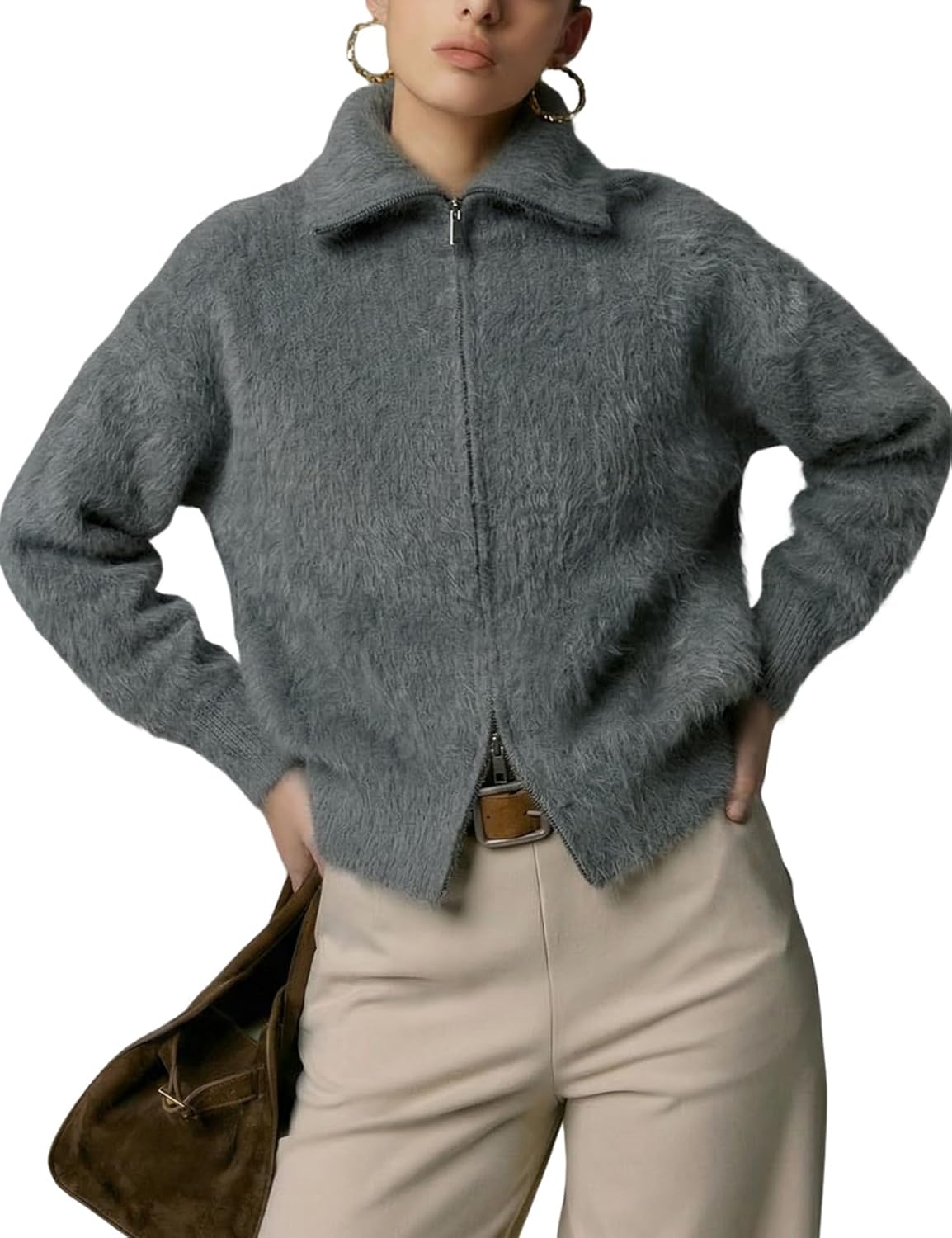 Women's Zip Up Sweater Fuzzy Chunky Cardigan Lapel Fluffy Knit Double Zip Cardigans