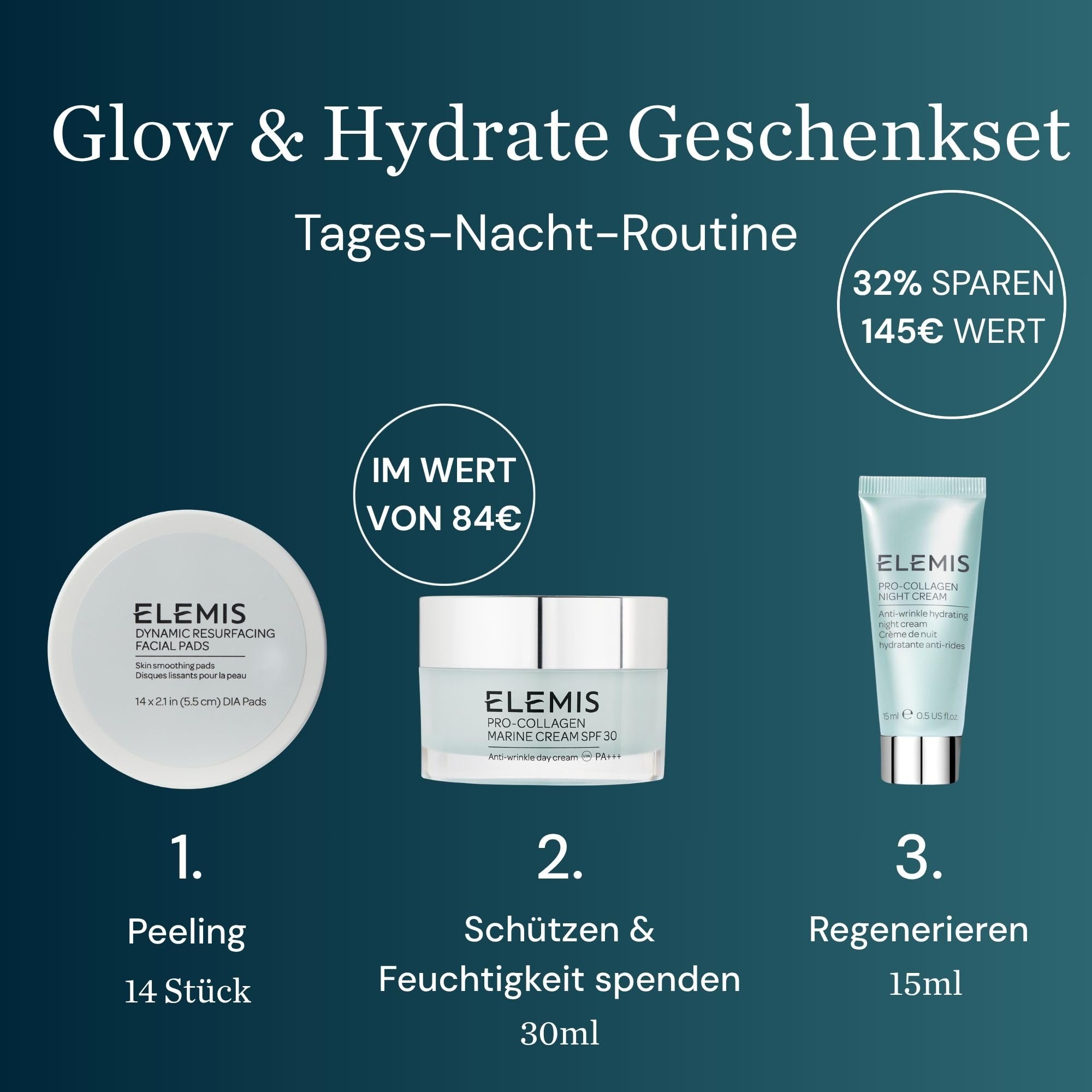 ELEMIS Glow & Hydrate Skincare Ritual Geschenkset Frauen, Hautpflege Set Wellness Geschenke - Peeling Gesicht Pore Pads, Anti-Falten Kollagen Gesichtscreme & Nachtcreme