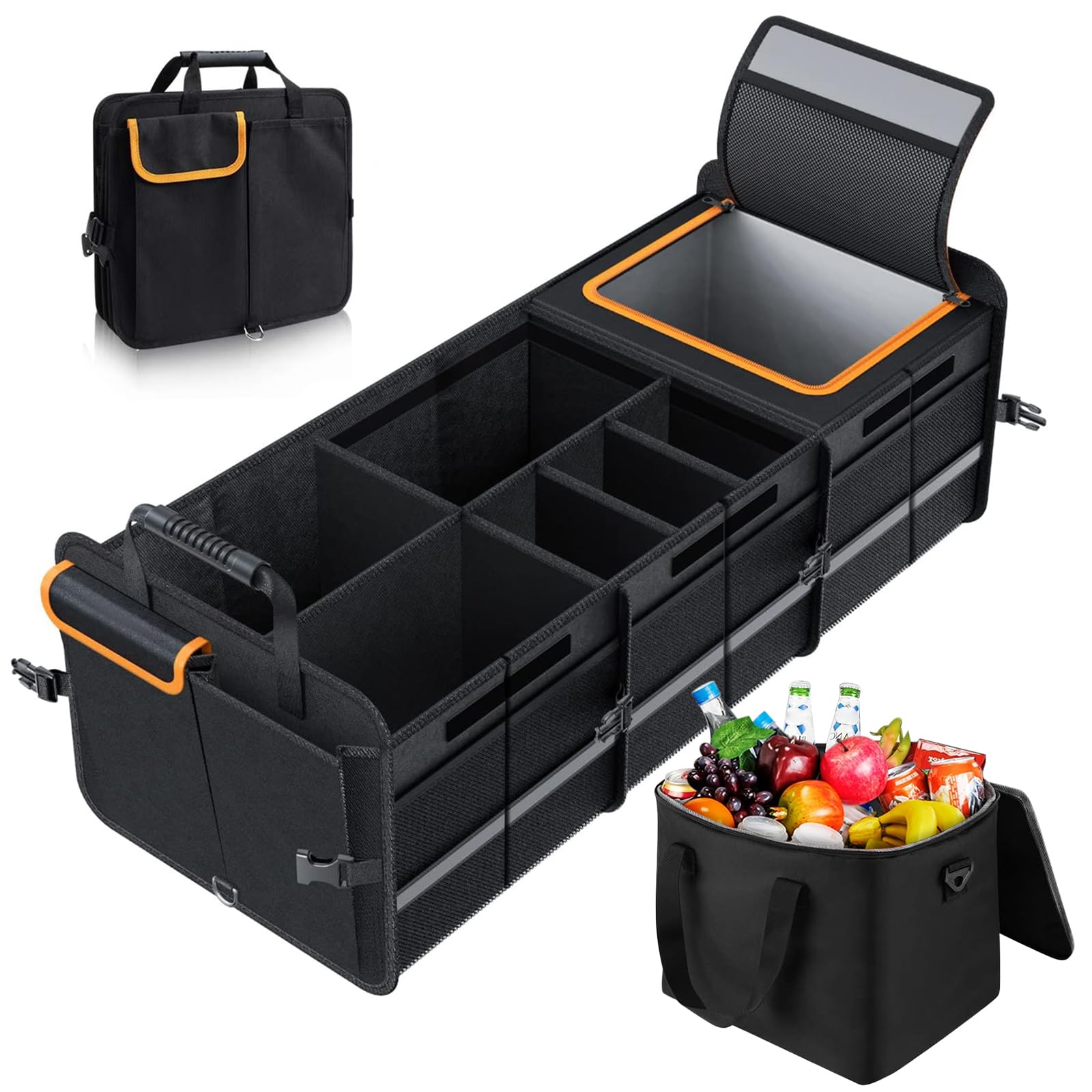 LIROPAU Organizador plegable para maletero de coche, con bolsa térmica aislada a prueba de fugas, múltiples compartimentos con separadores extraíbles, tapa plegable, organizador de maletero con gran