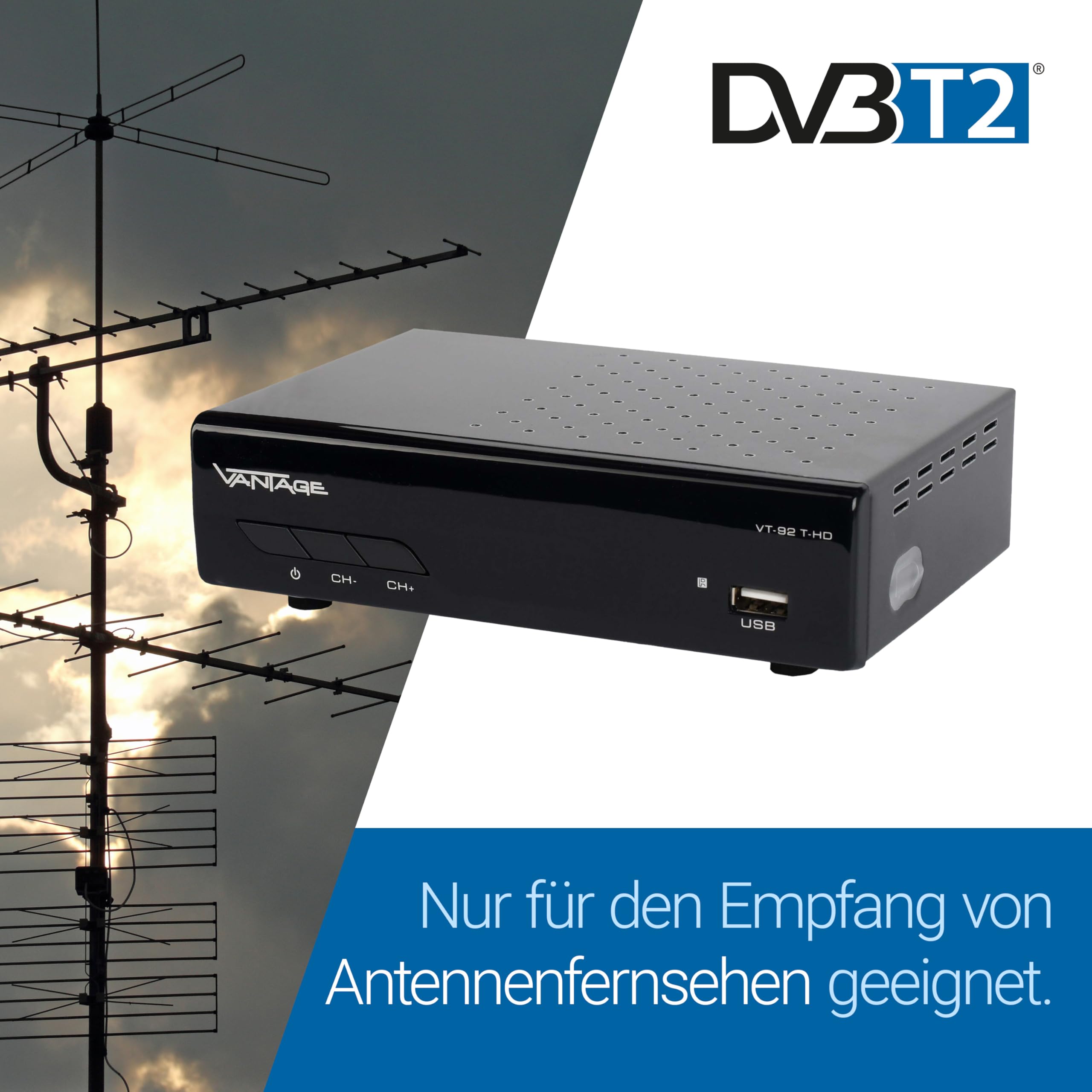 Sky Vision VT-92 DVB-T/T2 Reciever, Empfang Aller freien SD und HD DVB-T2 Sender, Digital, Full-HD 1080p, HDMI, SCART, Mediaplayer, USB 2.0, 2m HDMI Kabel, aktive DVB-T2 Zimmerantenne, Schwarz