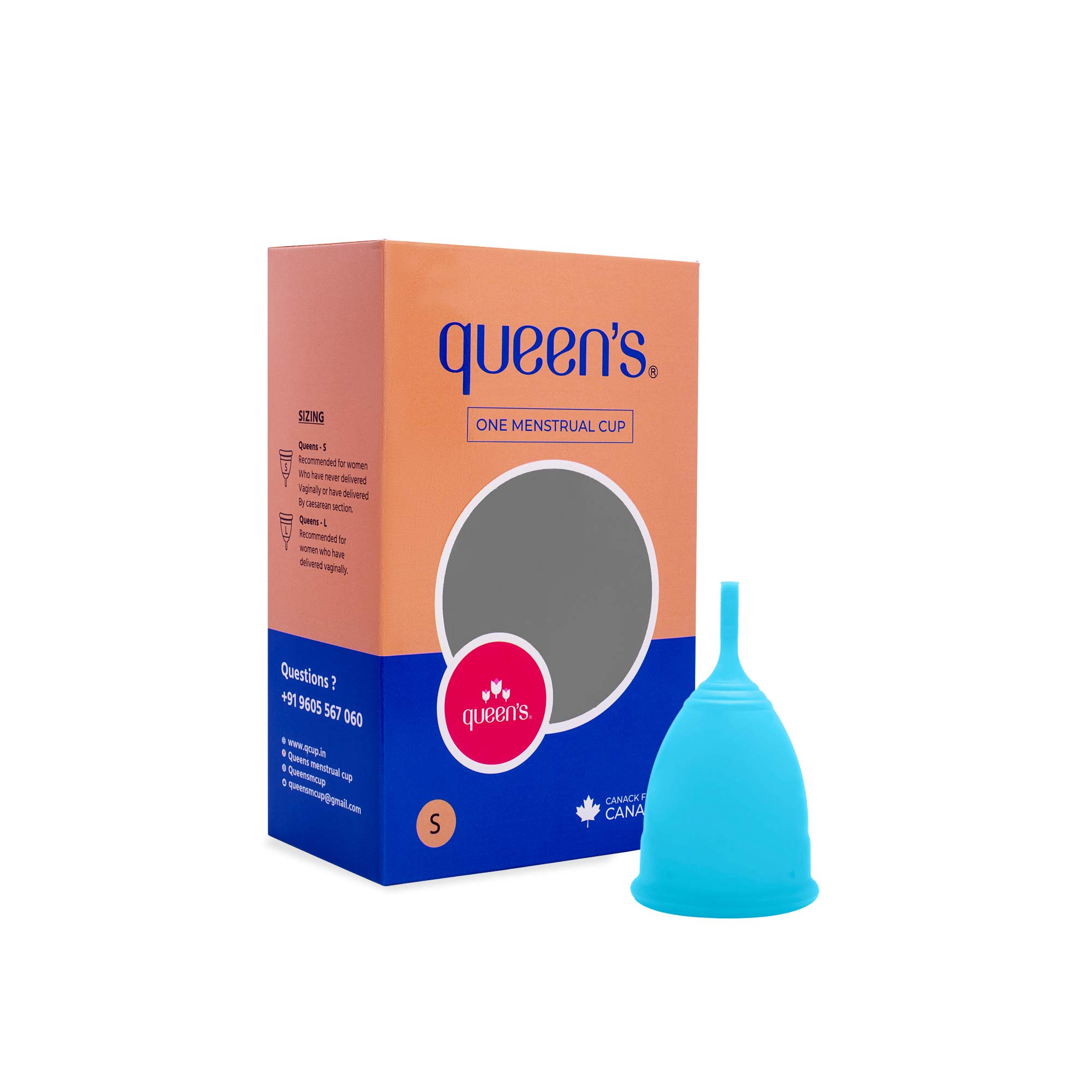 Queen's® Menstrual Cup for Never Delivered Vaginally or Caesarean-Small/Medium | From CANADA | With Cotton Pouch And User Guide | No Leakage Rim, Stainfree | M-Grade Silicon | FDA,SGS Approved