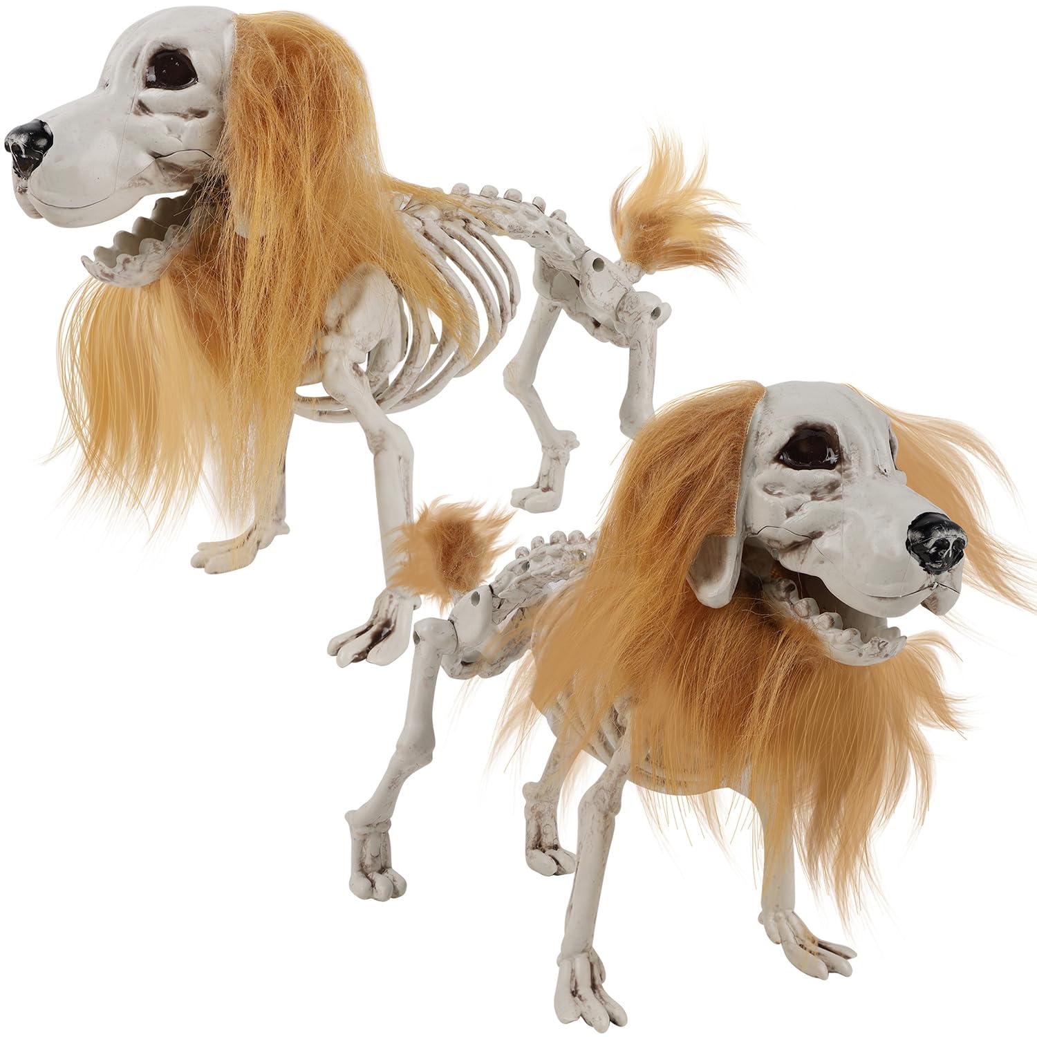 yosager 2 Pack Halloween Skeleton Dogs Decorations, Pose-N-Stay Standing Puppy Skeleton with Brown Mane, Mini Plastic Dog Bones Full Body Realistic, Scary Prop Haunted House Graveyard Decor
