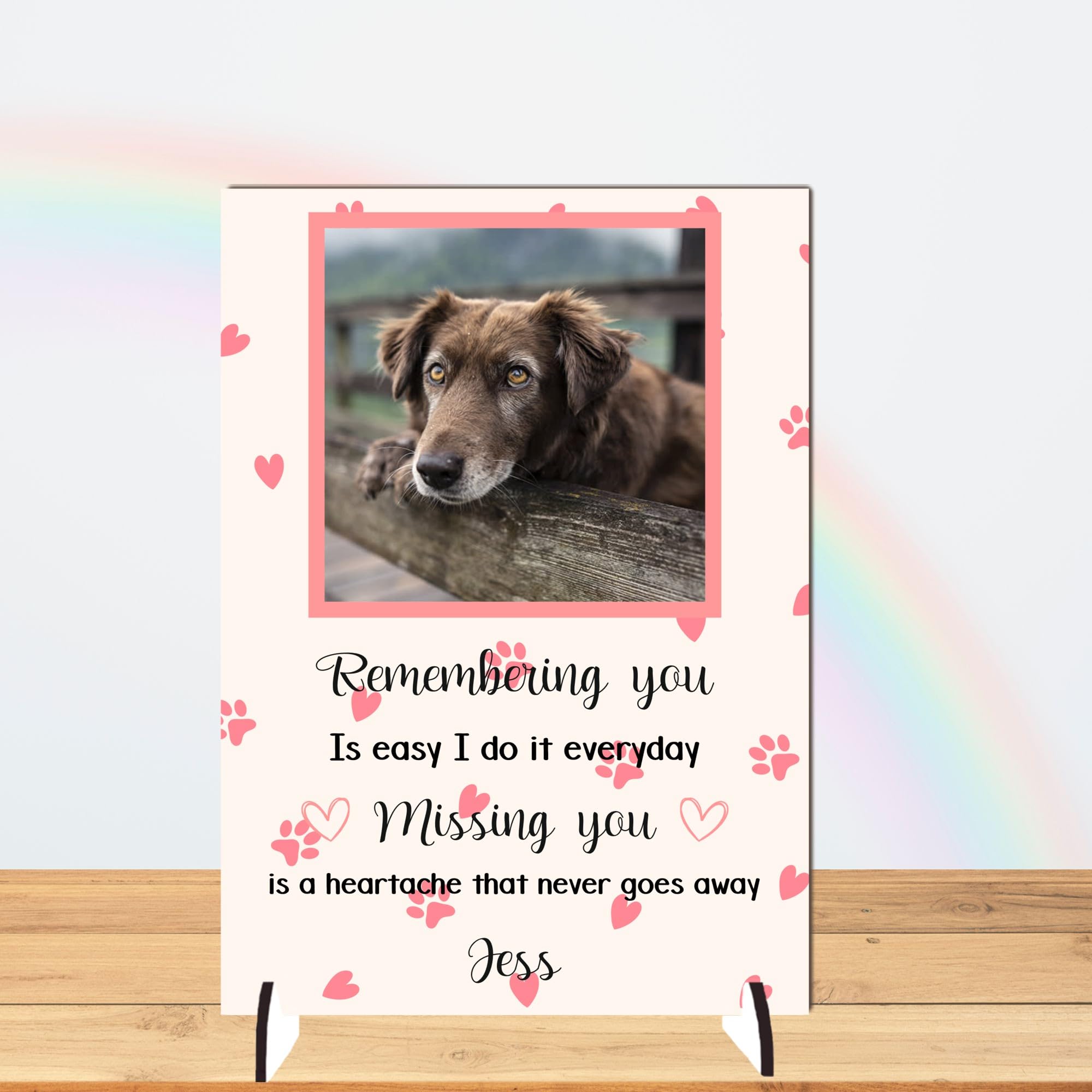 Custom Pet Memorial Photo Plaque - Personalised Bereavement Gift, Available in MDF or Acrylic, Colours Options, Size 148mm x 210mm 'Forever Remembered' Tribute (Mdf Wood 21cm x 15cm, Pink)