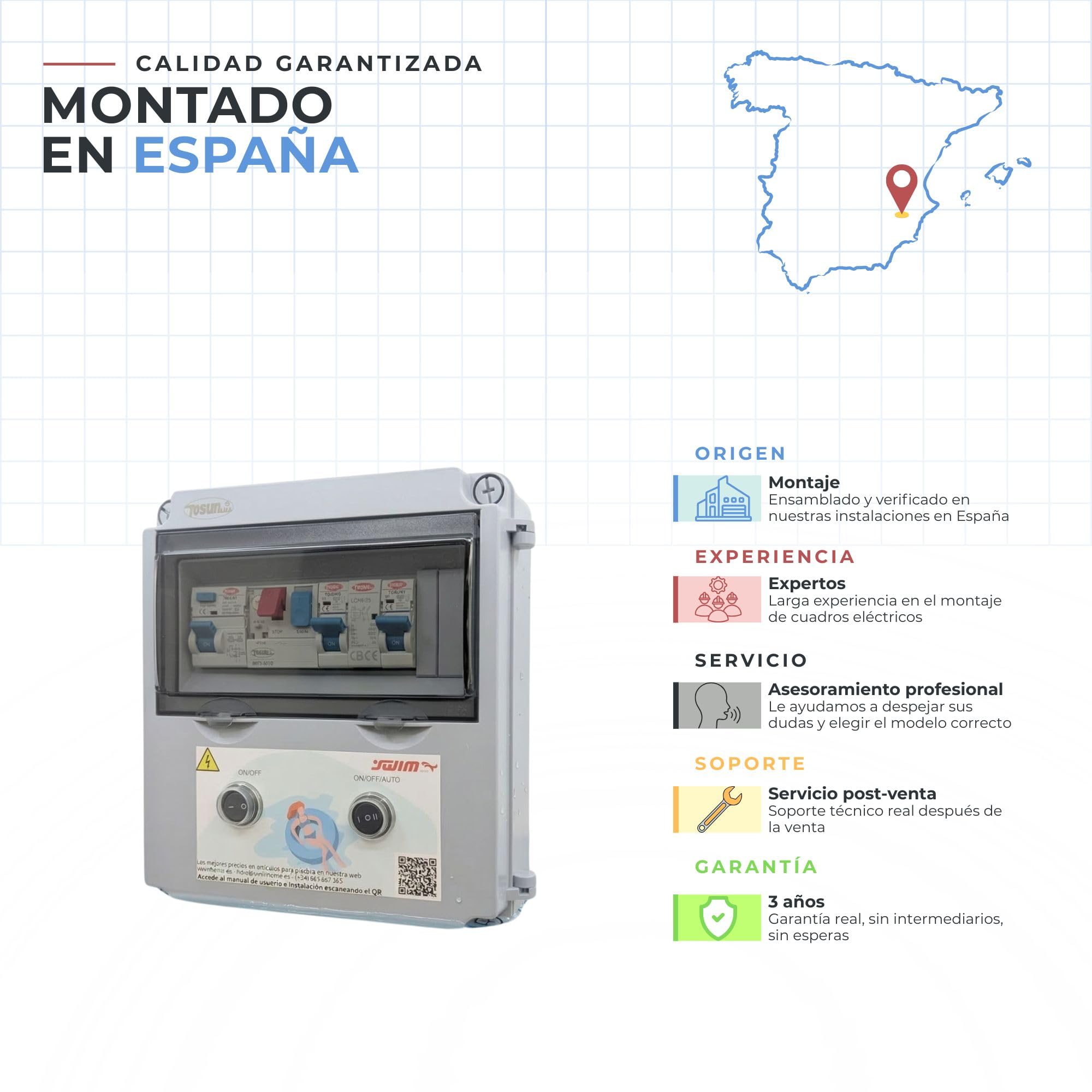 SWIMHOME Cuadro Eléctrico para Piscina Iluminación y Motor | Guardamotor y Transformador | Controlador RGB 4 Hilos | Contactor para Clorador | 60W 12DC | Bomba de Agua 0,5CV 2,5-4A