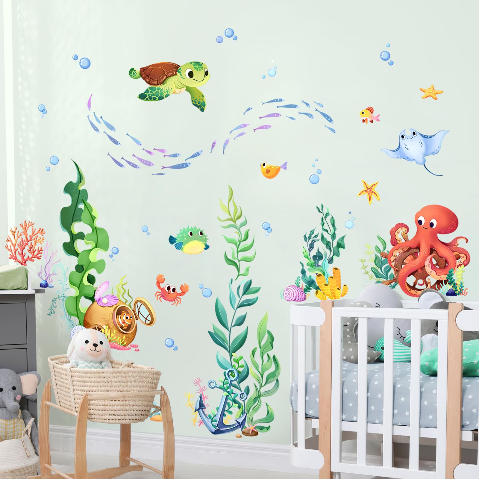 Supzone Adesivi Murali Bambini con Animali Marini Adesivi da Parete con Tartarughe Marine e Alghe Carta da Parati Bambini Camerette Bagno
