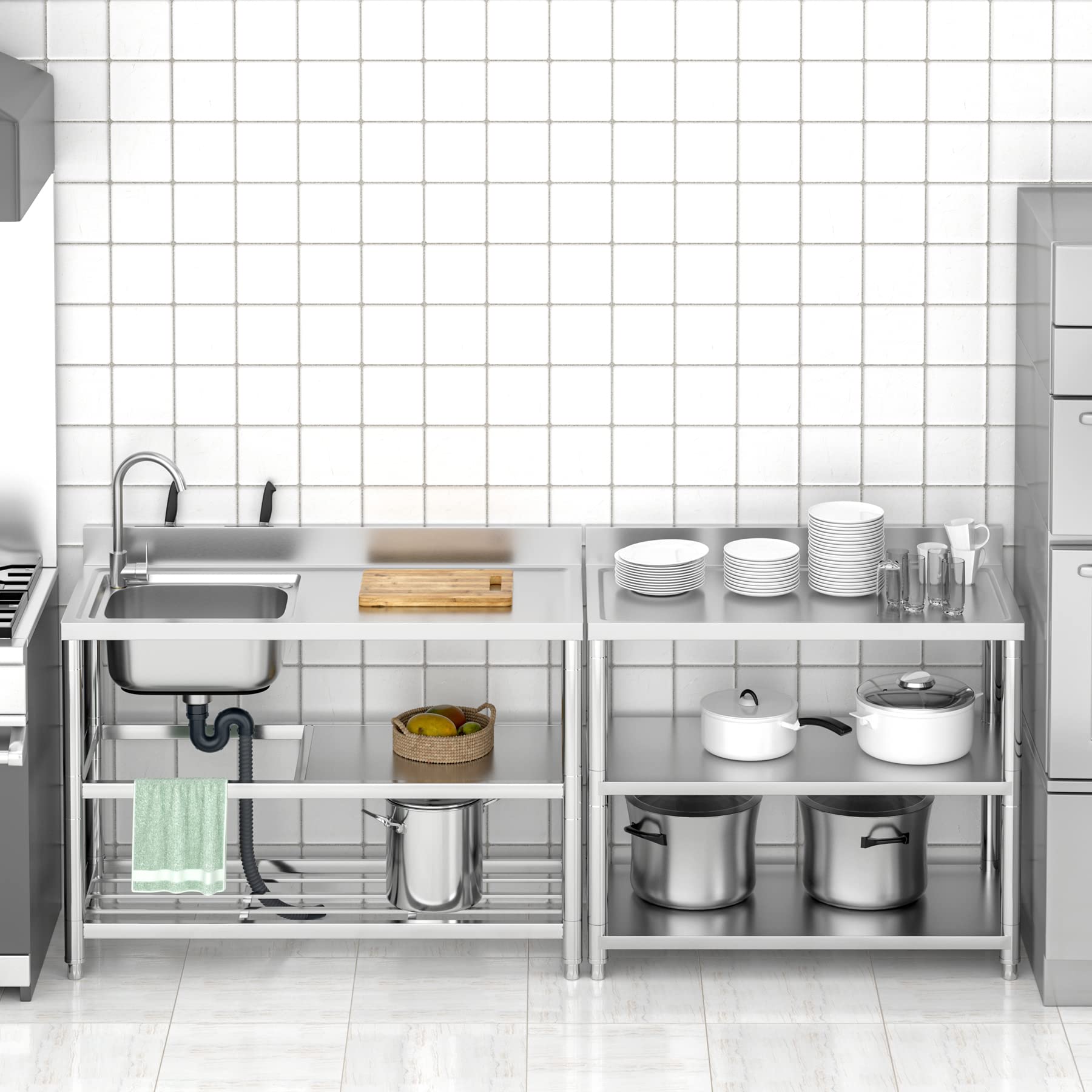 Freistehende Edelstahl Spültisch Gastro 1 Becken (Links), 120×50×94 cm Gewerbliche Spülbecken mit Wasserhahn mit Kalt und Warmwasserschläuchen, Ablassvorrichtung, für Außen, Innen, Küche, Restaurant